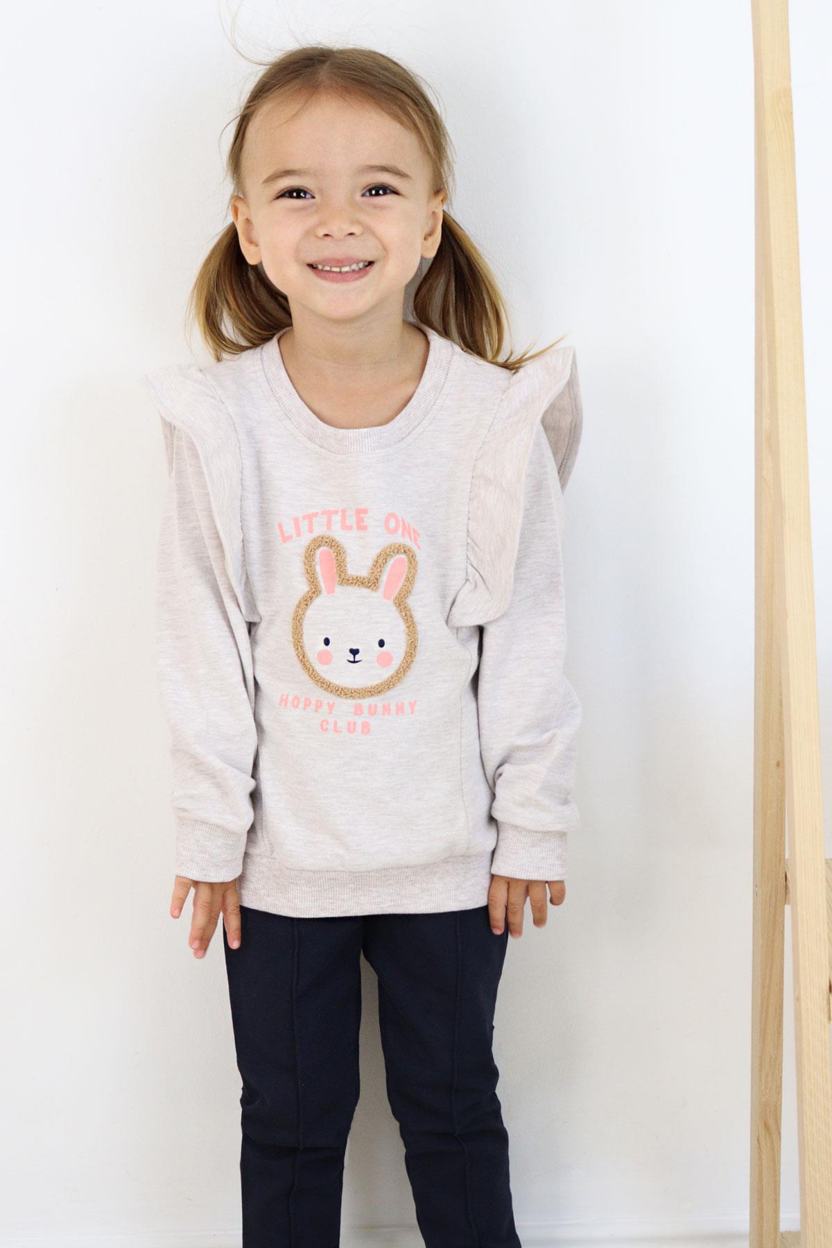 Breeze Kız Çocuk Taytlı Takım Sevimli Tavşancık Nakışlı Omuzu Fırfırlı Bej Melanj (2-6 Yaş)