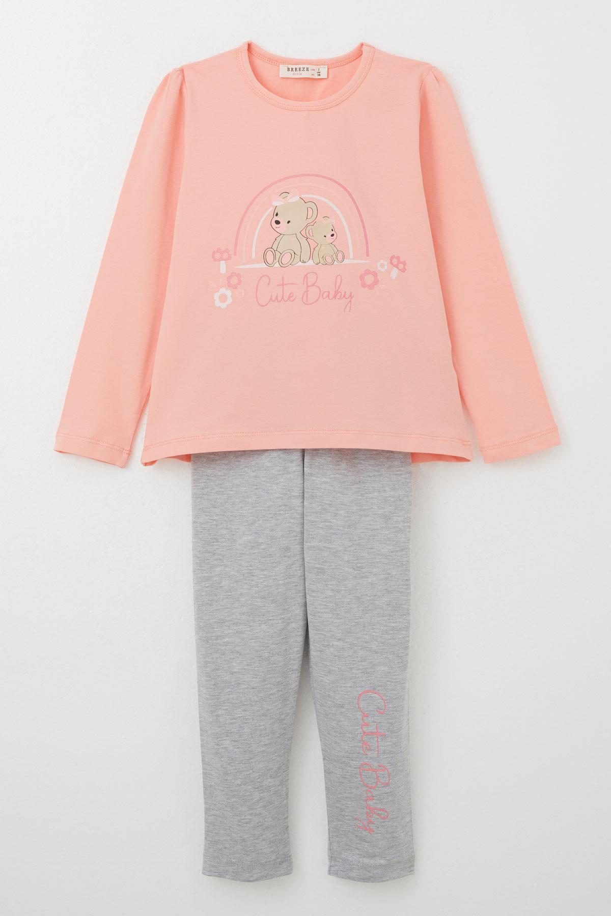 Breeze Kız Çocuk Taytlı Takım Sevimli Bebek Ayıcıklar Baskılı Somon (1-4 Yaş)