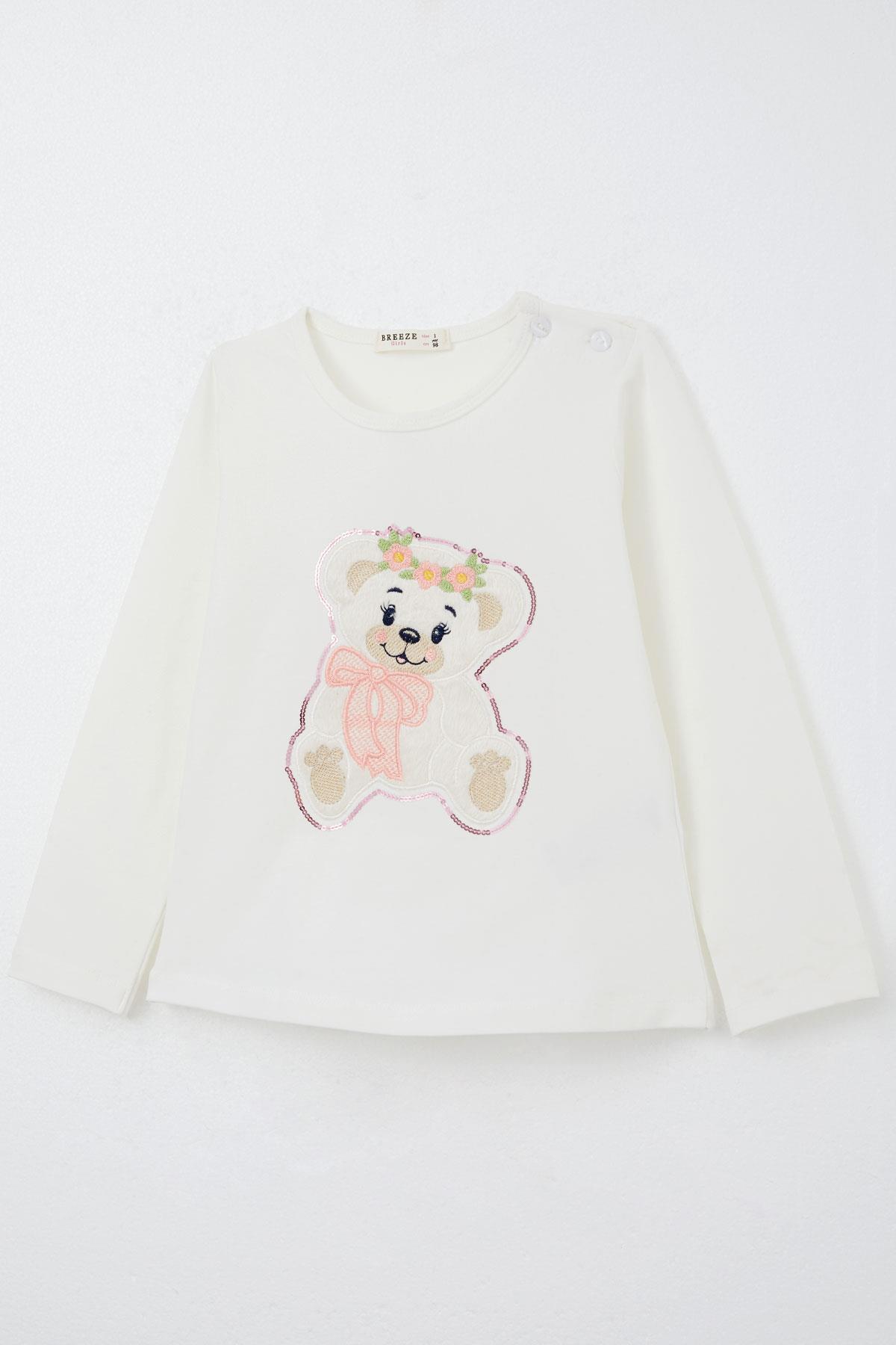 Breeze Kız Çocuk Taytlı Takım Sevimli Ayıcık Nakışlı Pullu Ekru (1.5-4 Yaş)