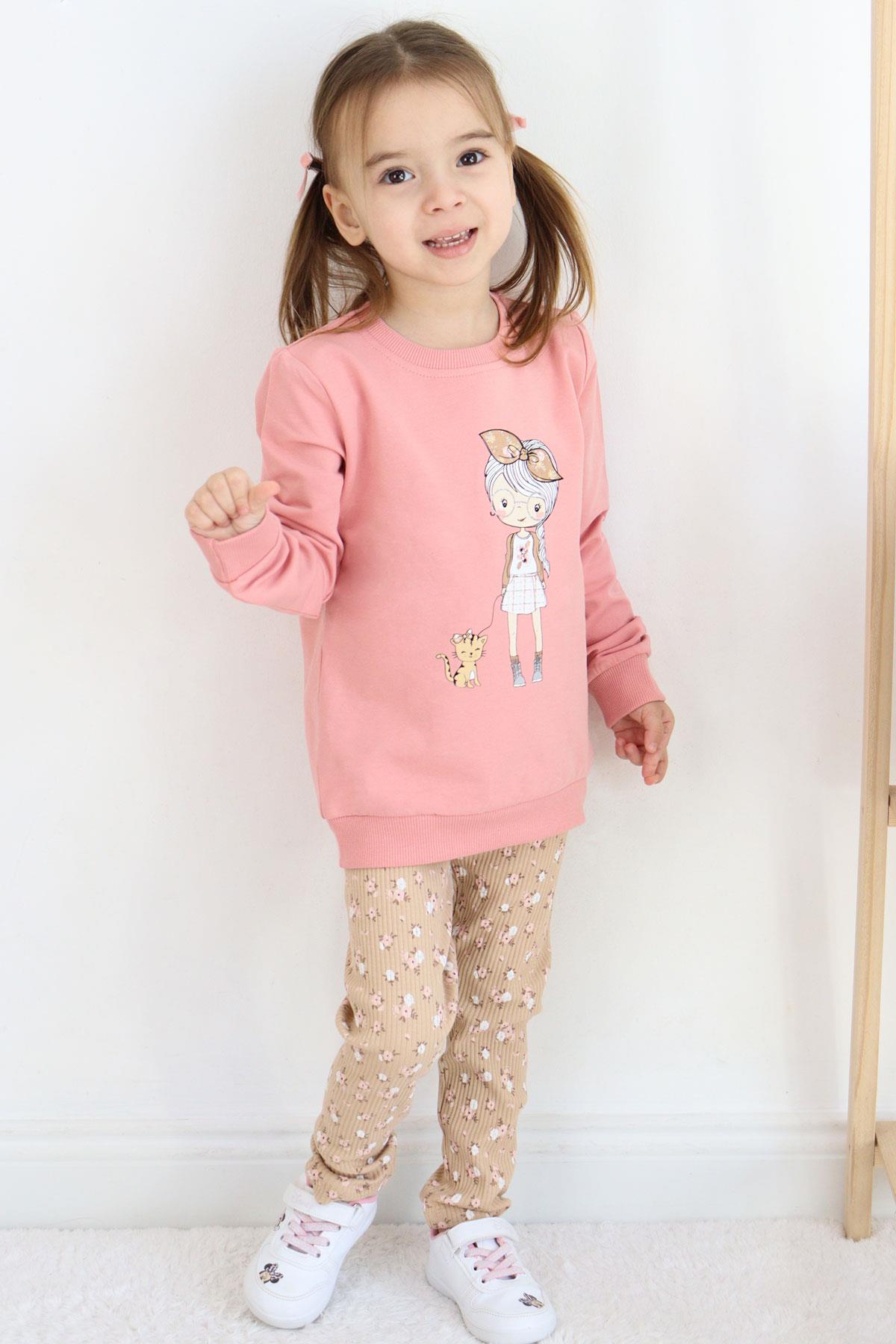 Breeze Kız Çocuk Taytlı Takım Sevimli Kız Baskılı Çiçekli Gülkurusu (2-6 Yaş)