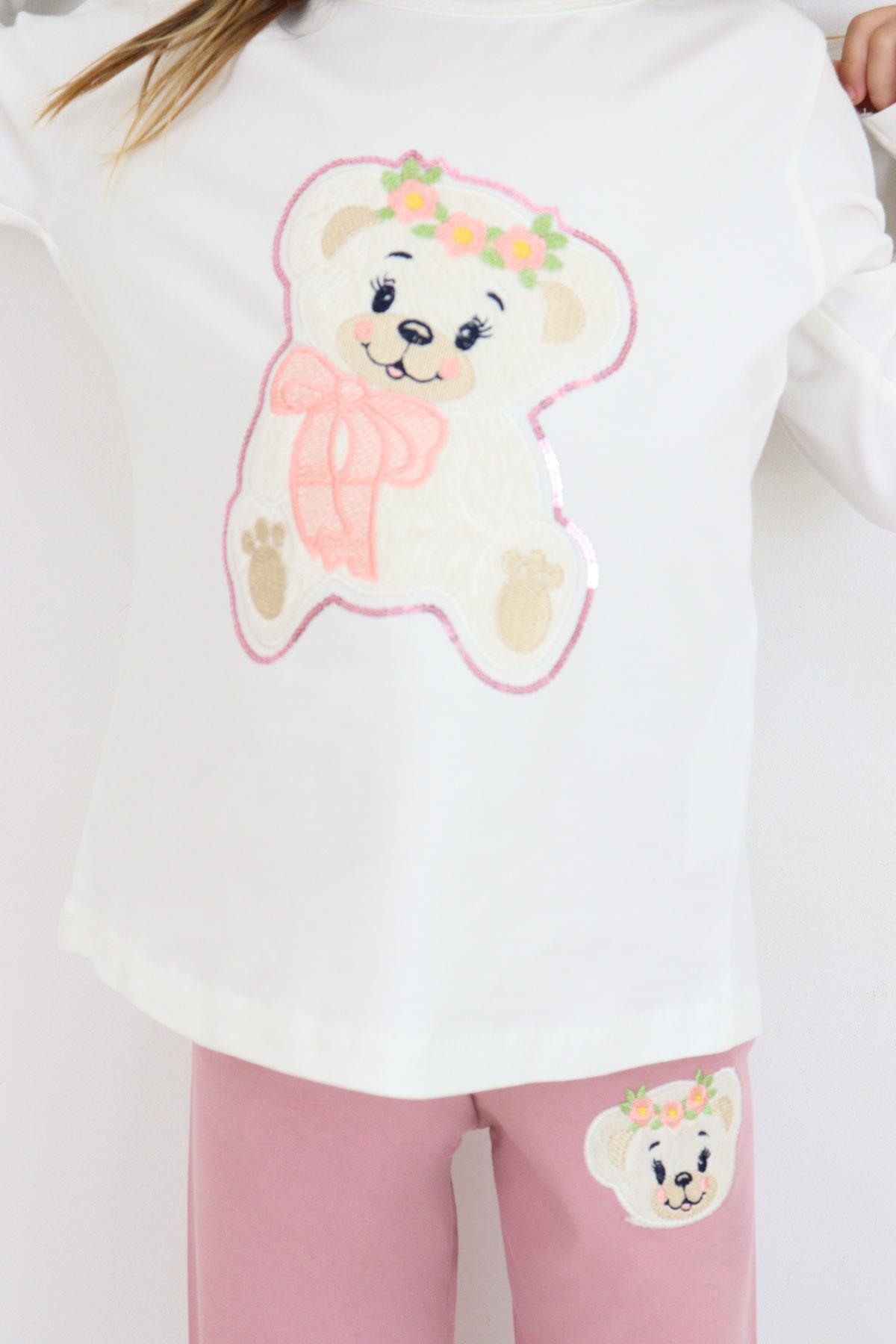 Breeze Kız Çocuk Taytlı Takım Sevimli Ayıcık Nakışlı Pullu Ekru (1.5-4 Yaş)