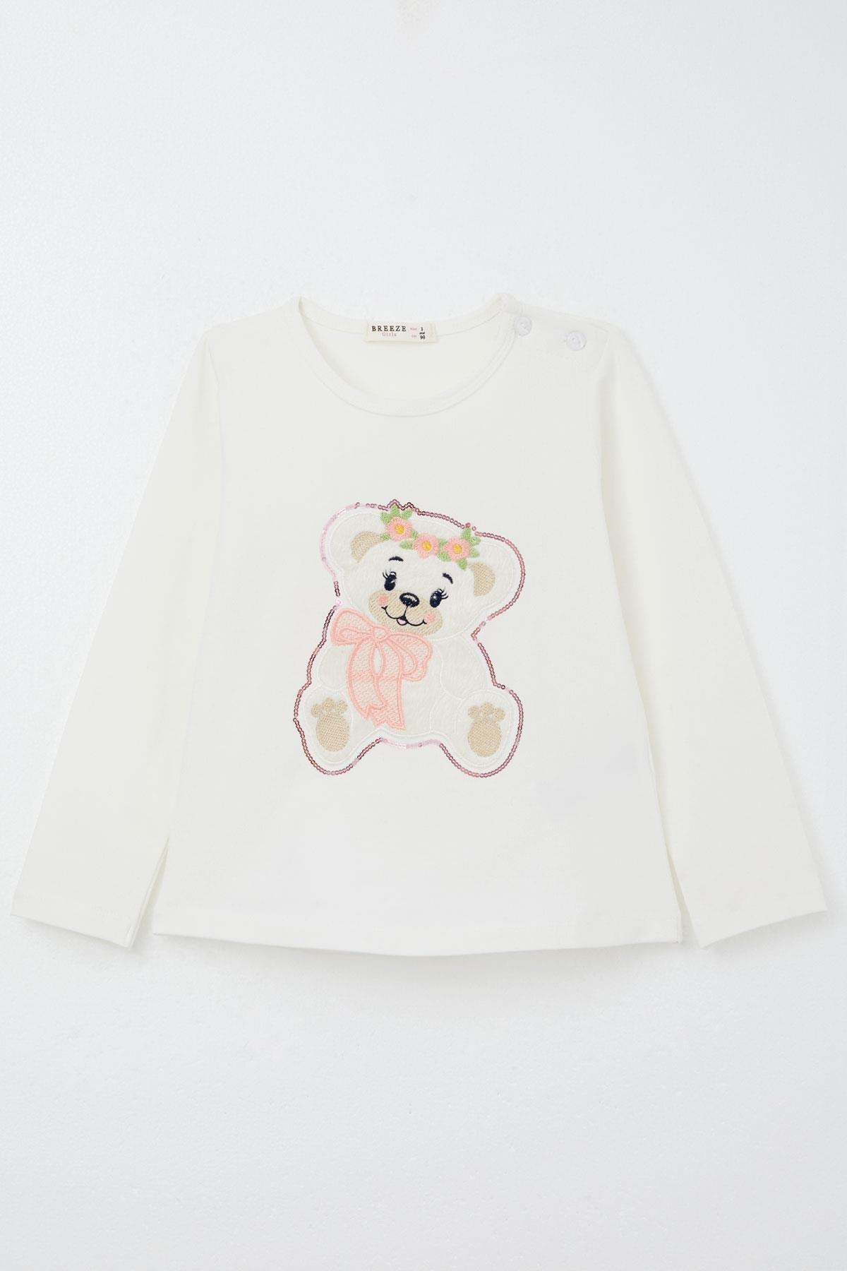 Breeze Kız Çocuk Taytlı Takım Sevimli Ayıcık Nakışlı Pullu Ekru (1.5-4 Yaş)