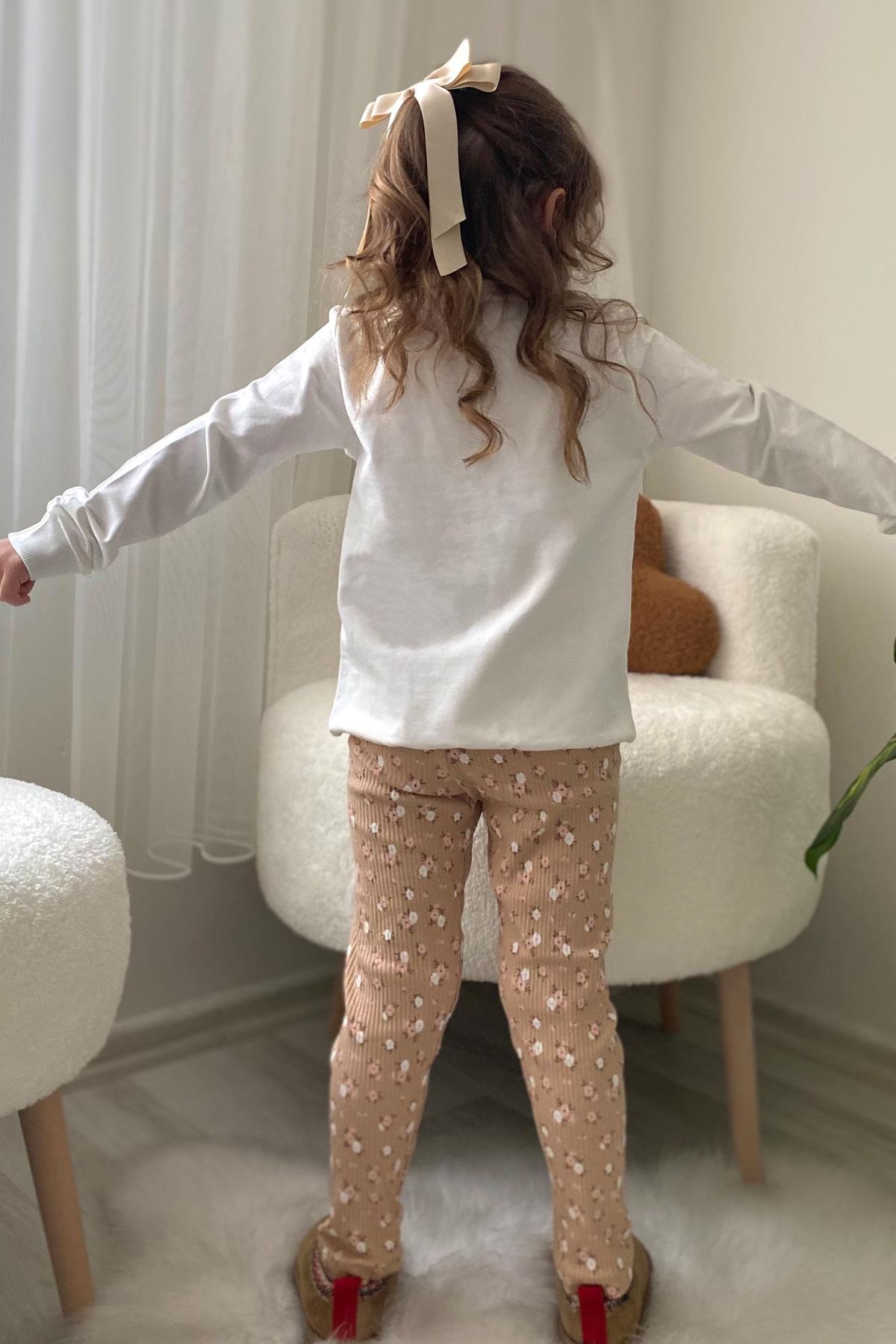 Breeze Kız Çocuk Taytlı Takım Sevimli Kız Baskılı Çiçekli Ekru (2-6 Yaş)