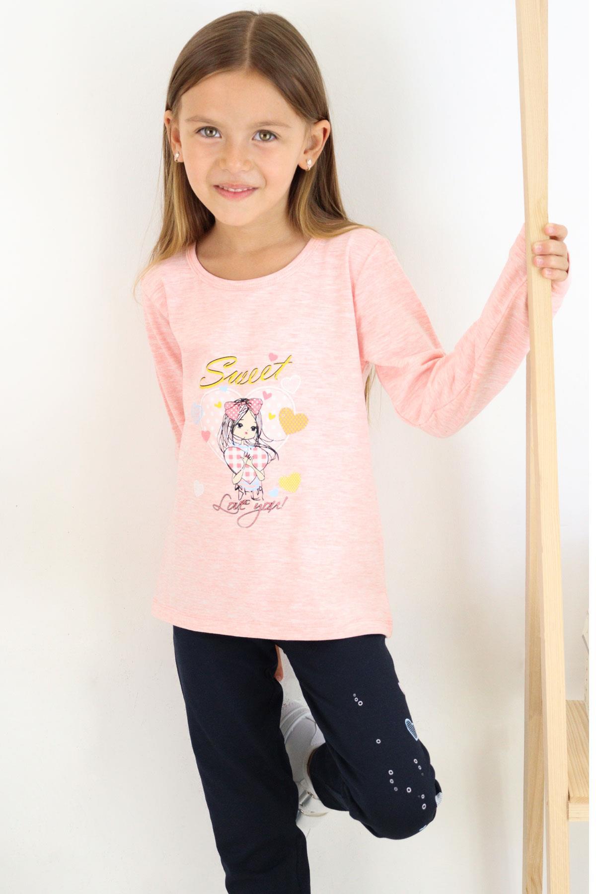 Breeze Kız Çocuk Taytlı Takım Sevimli Kız Baskılı Kalpli Somon Melanj (2-4 Yaş)