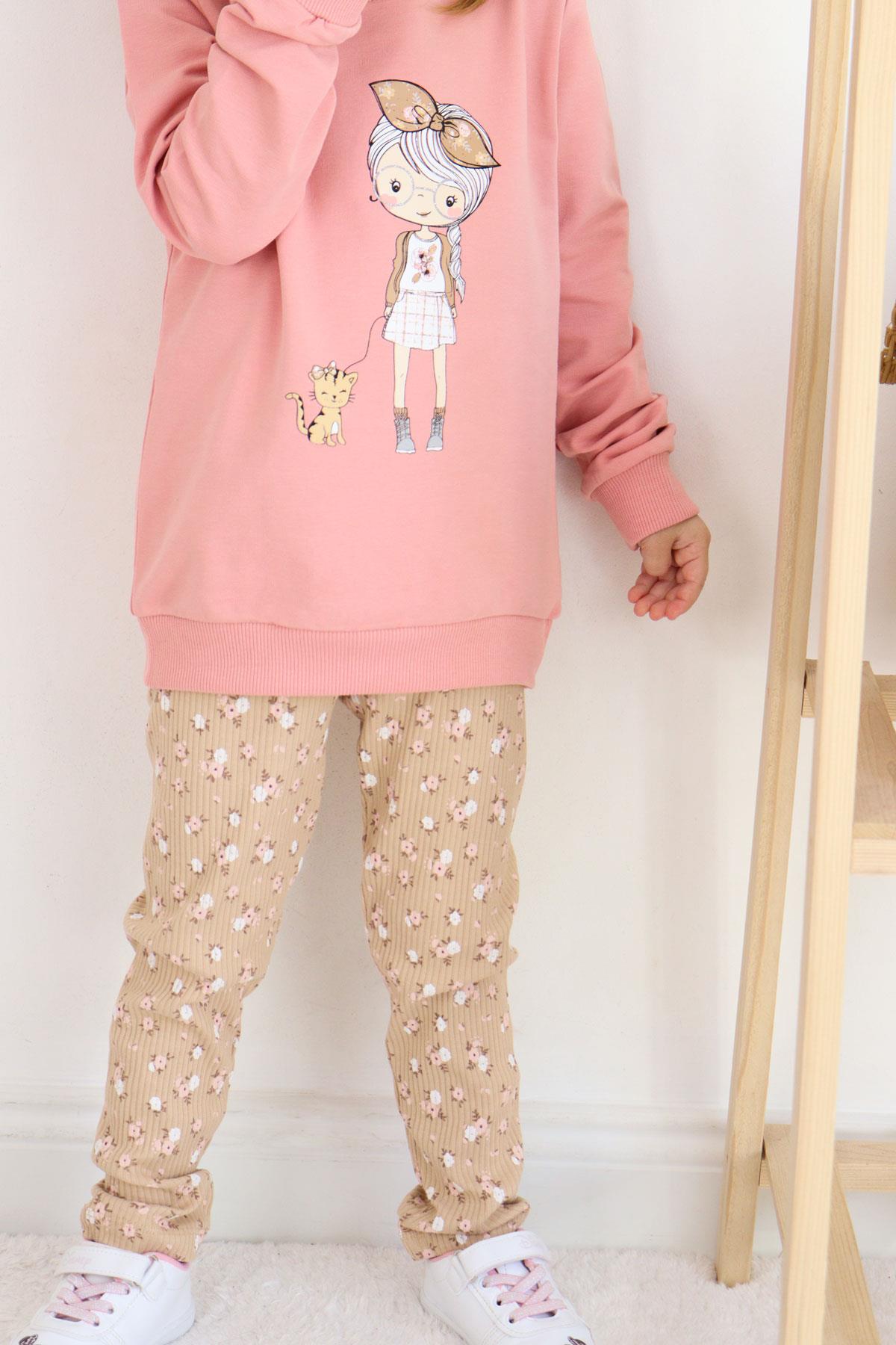 Breeze Kız Çocuk Taytlı Takım Sevimli Kız Baskılı Çiçekli Gülkurusu (2-6 Yaş)