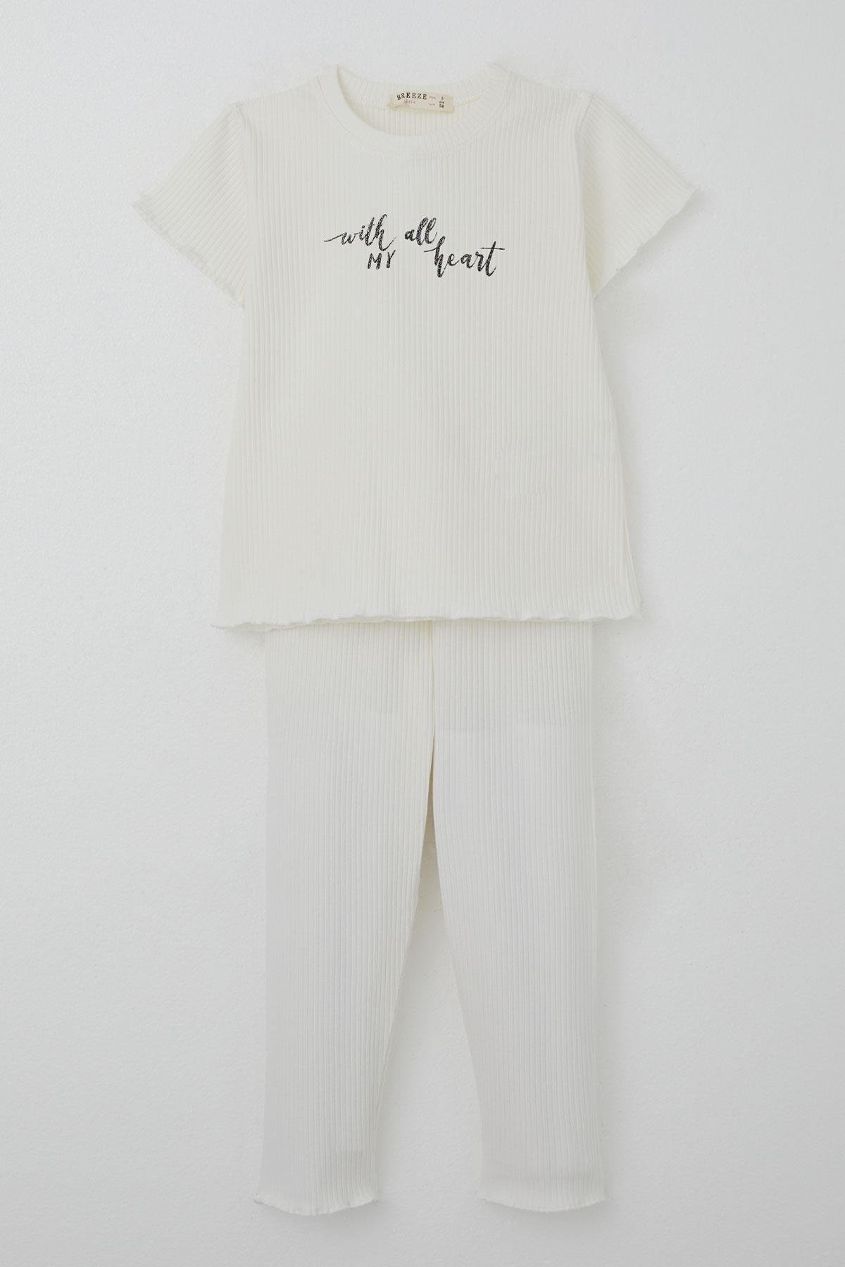 Breeze Kız Çocuk Taytlı Takım Simli Yazı Baskılı Ekru (1.5-5 Yaş)