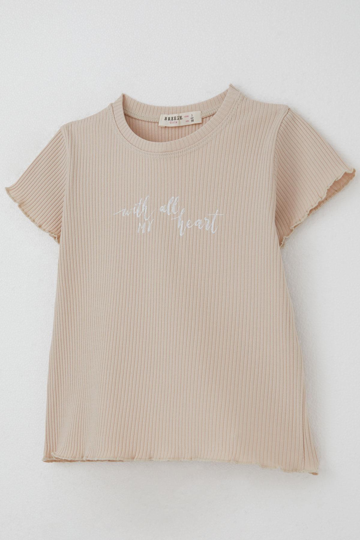 Breeze Kız Çocuk Taytlı Takım Simli Yazı Baskılı Bej (1.5-5 Yaş)