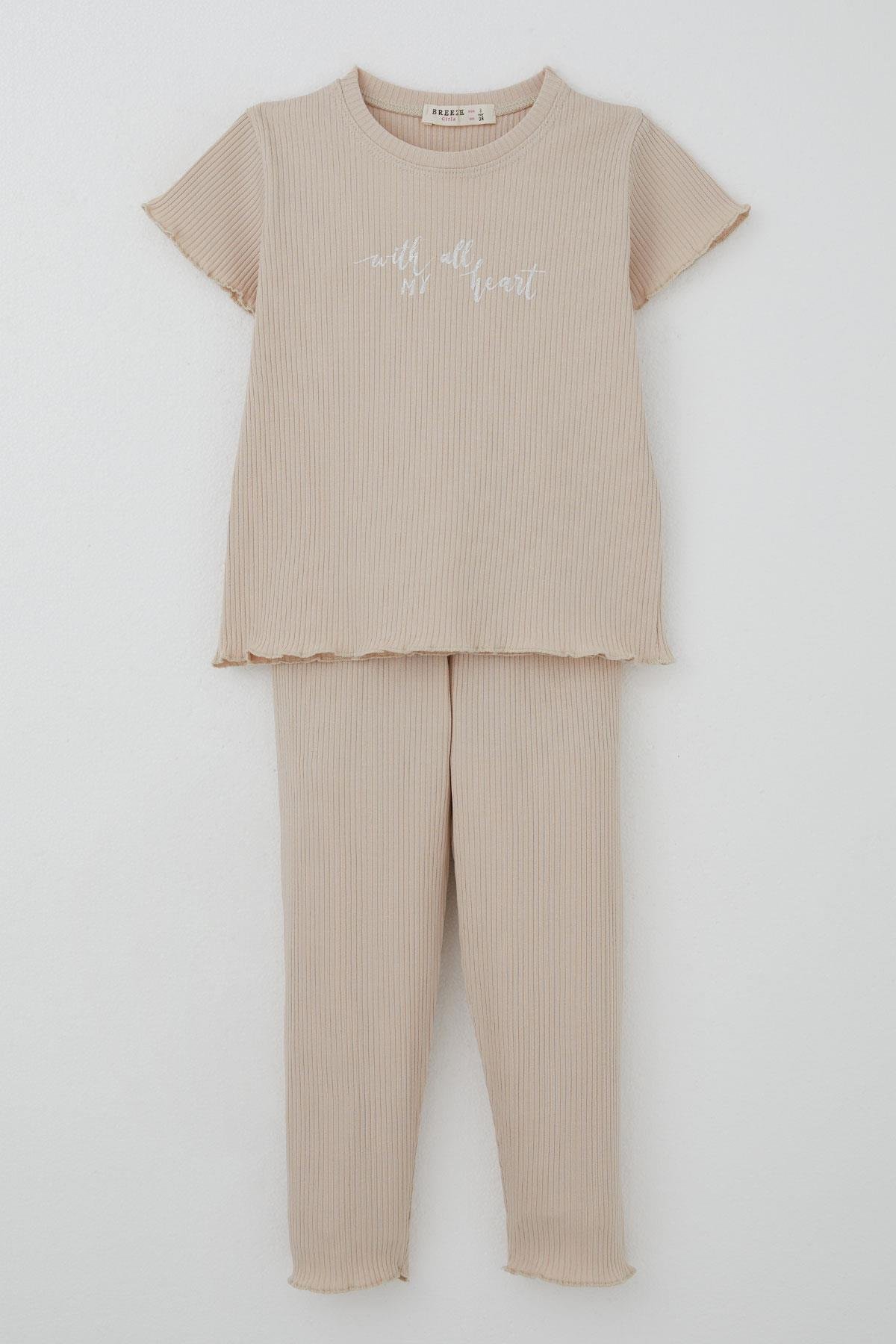 Breeze Kız Çocuk Taytlı Takım Simli Yazı Baskılı Bej (1.5-5 Yaş)