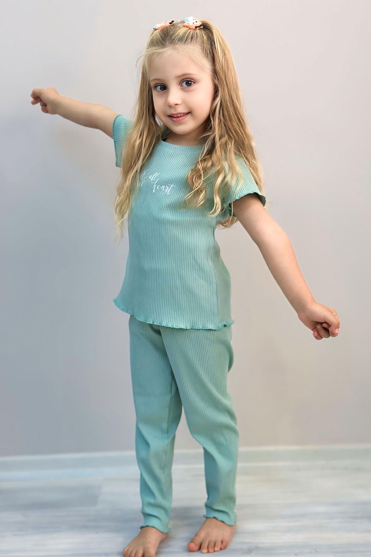 Breeze Kız Çocuk Taytlı Takım Simli Yazı Baskılı Mint Yeşili (1.5-4 Yaş)