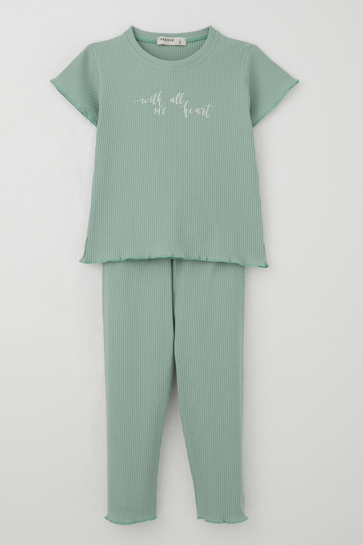 Breeze Kız Çocuk Taytlı Takım Simli Yazı Baskılı Mint Yeşili (1.5-4 Yaş)