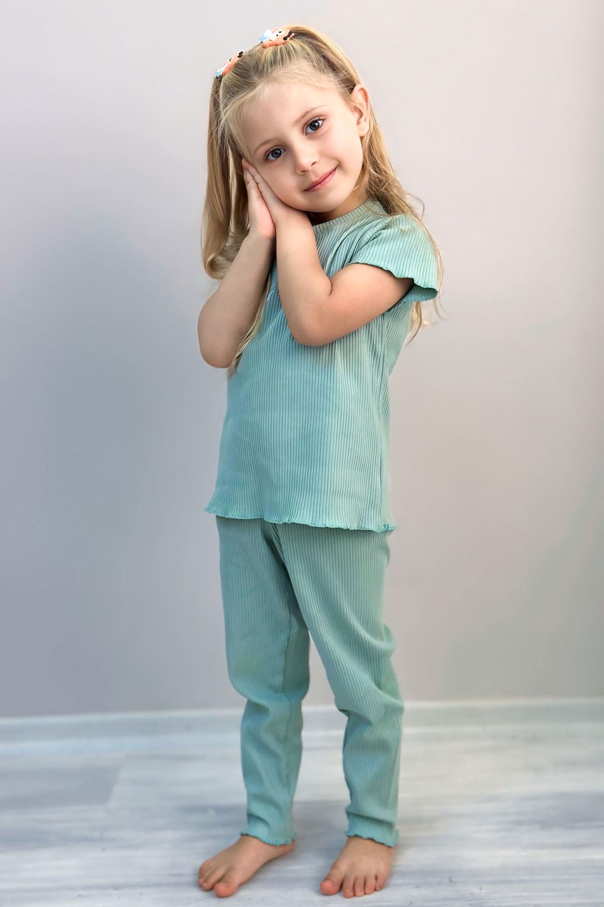 Breeze Kız Çocuk Taytlı Takım Simli Yazı Baskılı Mint Yeşili (1.5-4 Yaş)