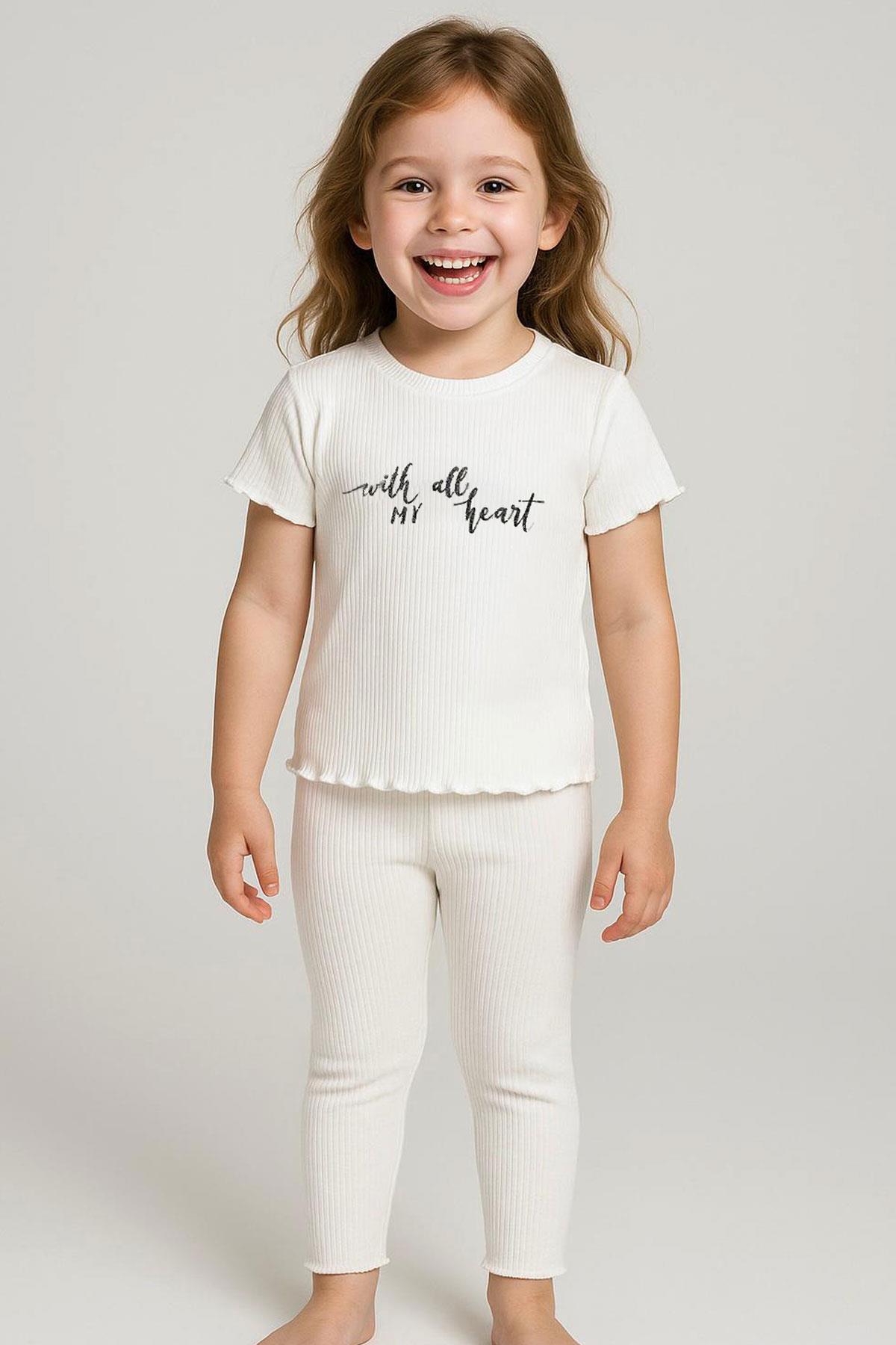 Breeze Kız Çocuk Taytlı Takım Simli Yazı Baskılı Ekru (1.5-5 Yaş)