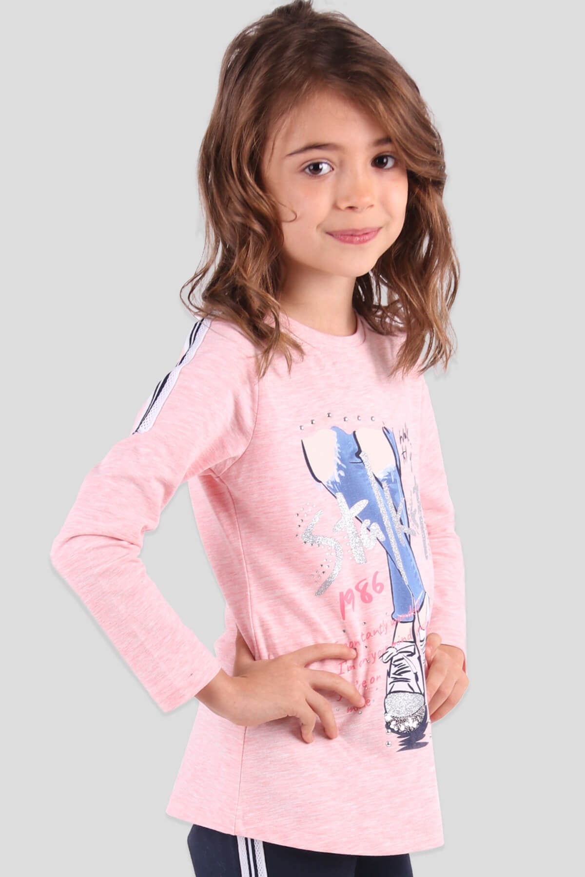 Breeze Kız Çocuk Taytlı Takım Taşlı Simli Somon-Lacivert (6-12 Yaş)