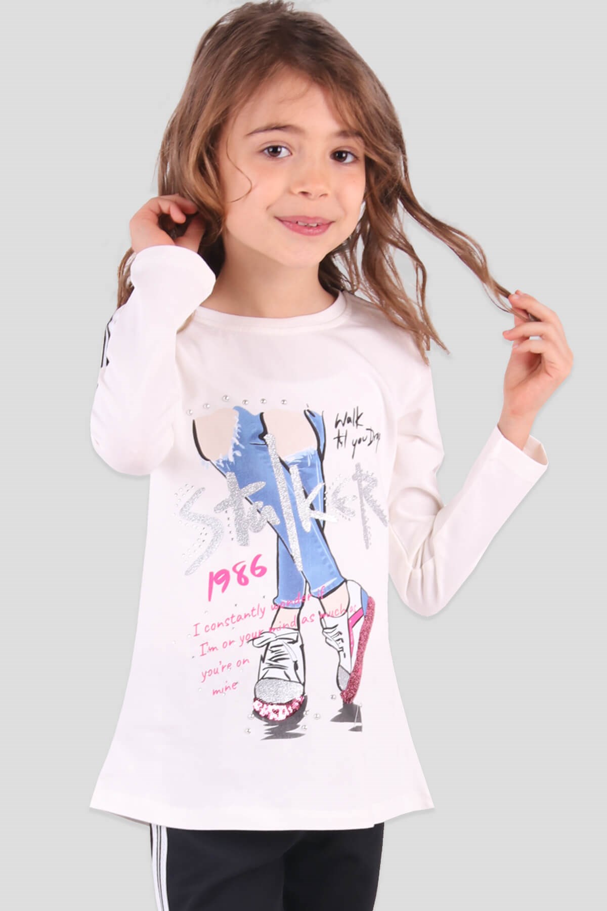 Breeze Kız Çocuk Taytlı Takım Taşlı Simli Ekru-Lacivert (6-12 Yaş)