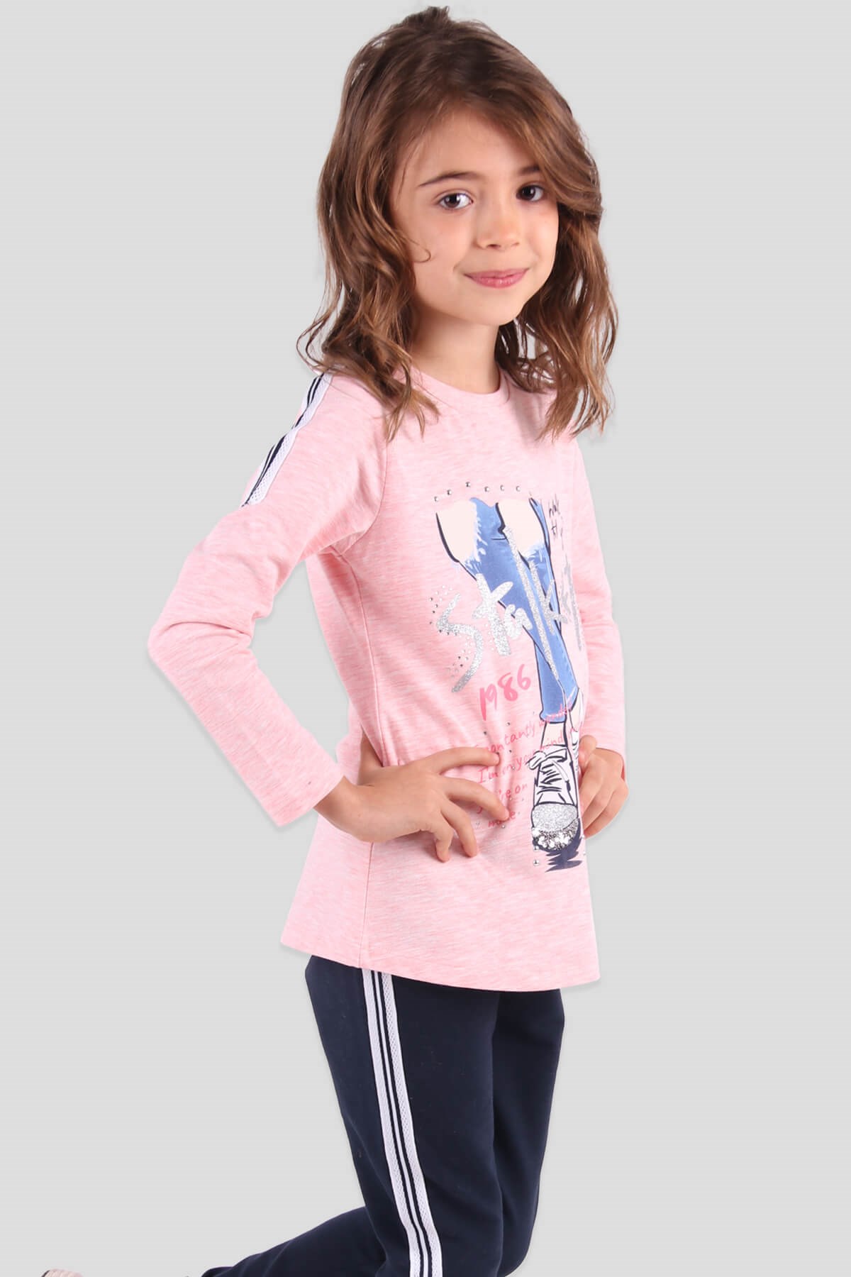 Breeze Kız Çocuk Taytlı Takım Taşlı Simli Somon-Lacivert (6-12 Yaş)