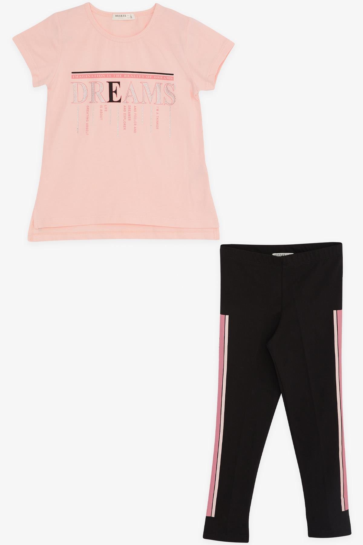 Breeze Kız Çocuk Taytlı Takım Taşlı Yazı Baskılı Somon (5-10 Yaş)