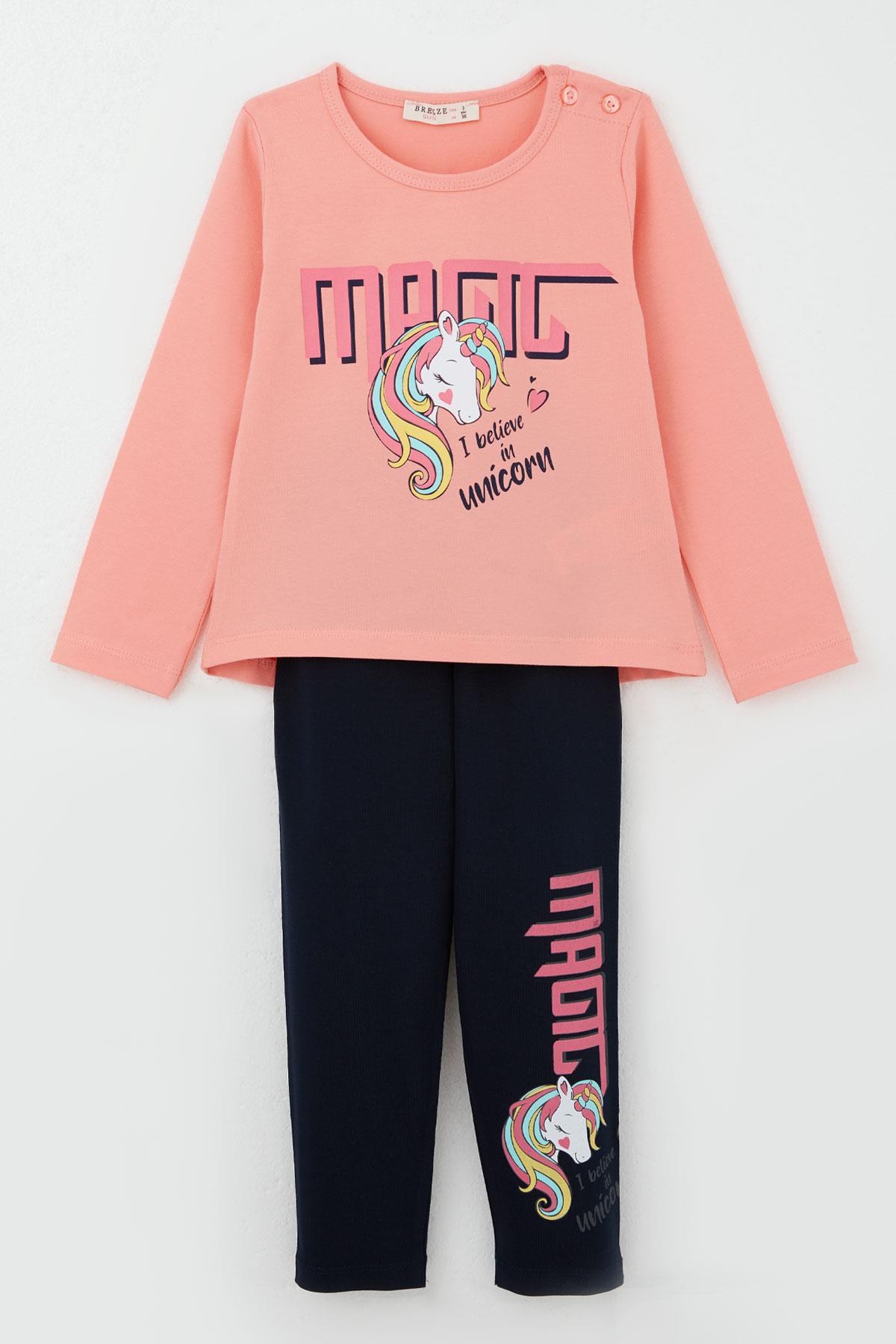 Breeze Kız Çocuk Taytlı Takım Unicorn Baskılı Somon (1.5-5 Yaş)