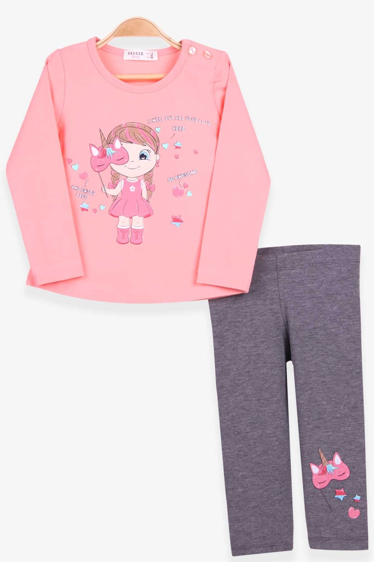 Breeze Kız Çocuk Taytlı Takım Unicorn Maskeli Kız Somon (1.5-5 Yaş)