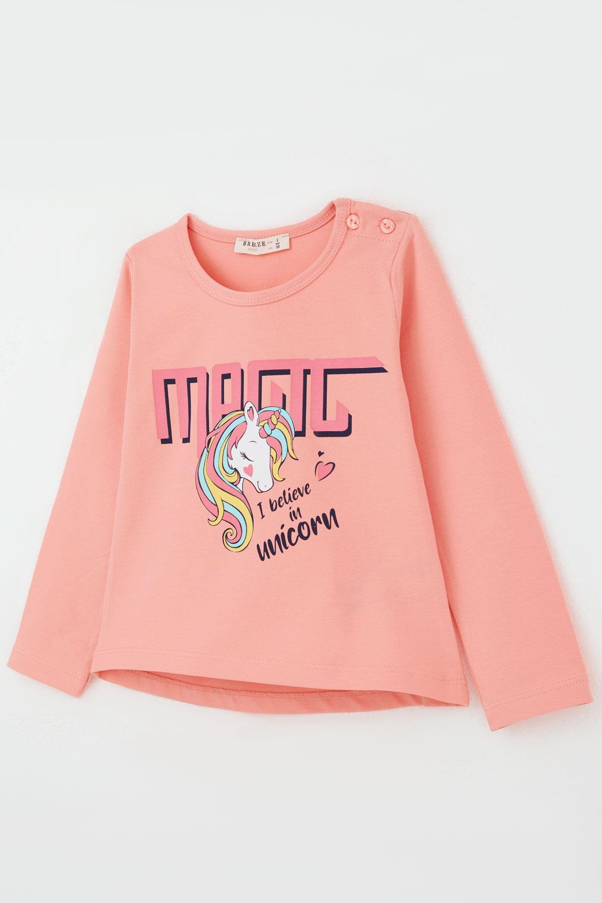 Breeze Kız Çocuk Taytlı Takım Unicorn Baskılı Somon (1.5-5 Yaş)