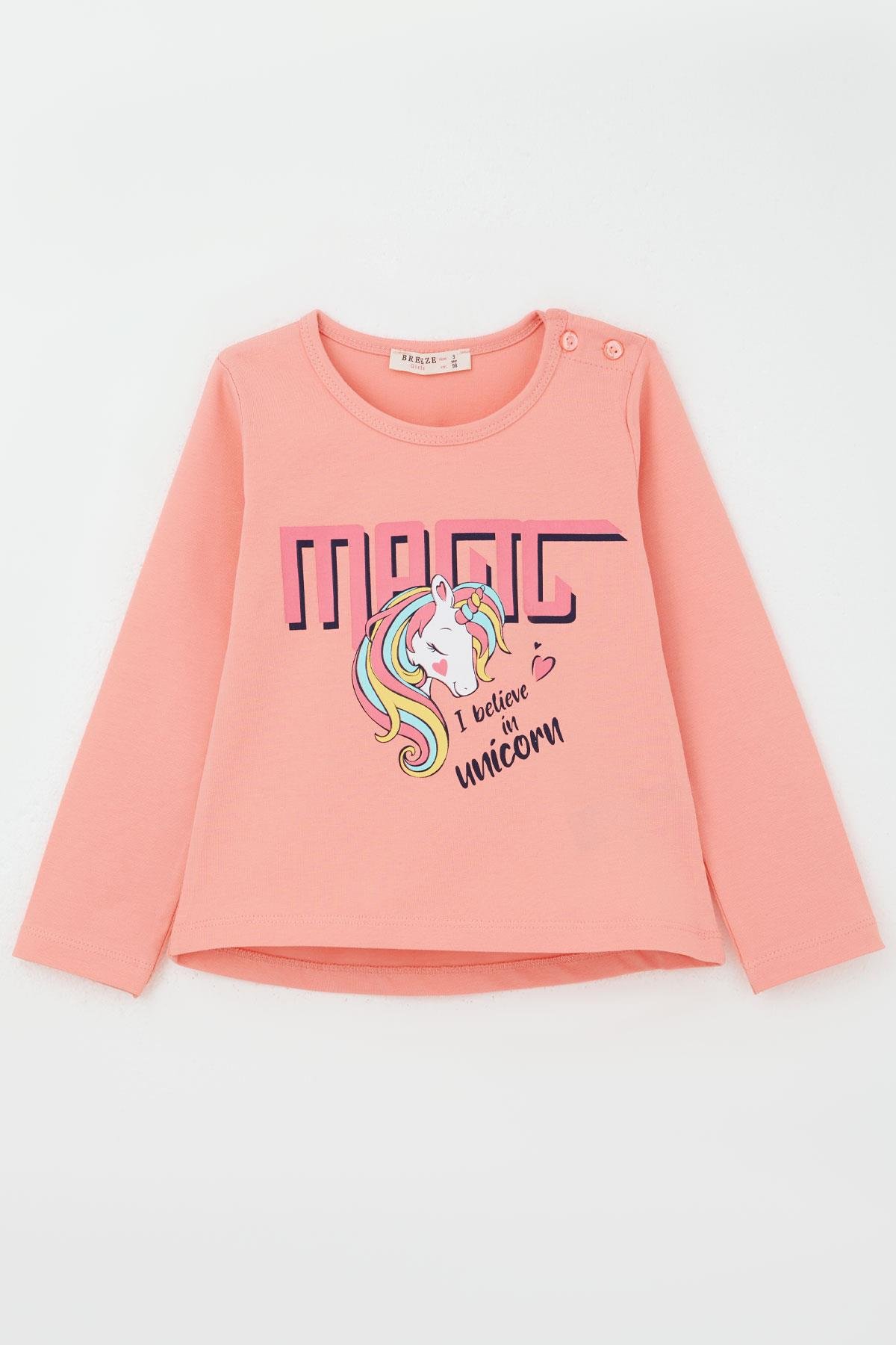 Breeze Kız Çocuk Taytlı Takım Unicorn Baskılı Somon (1.5-5 Yaş)