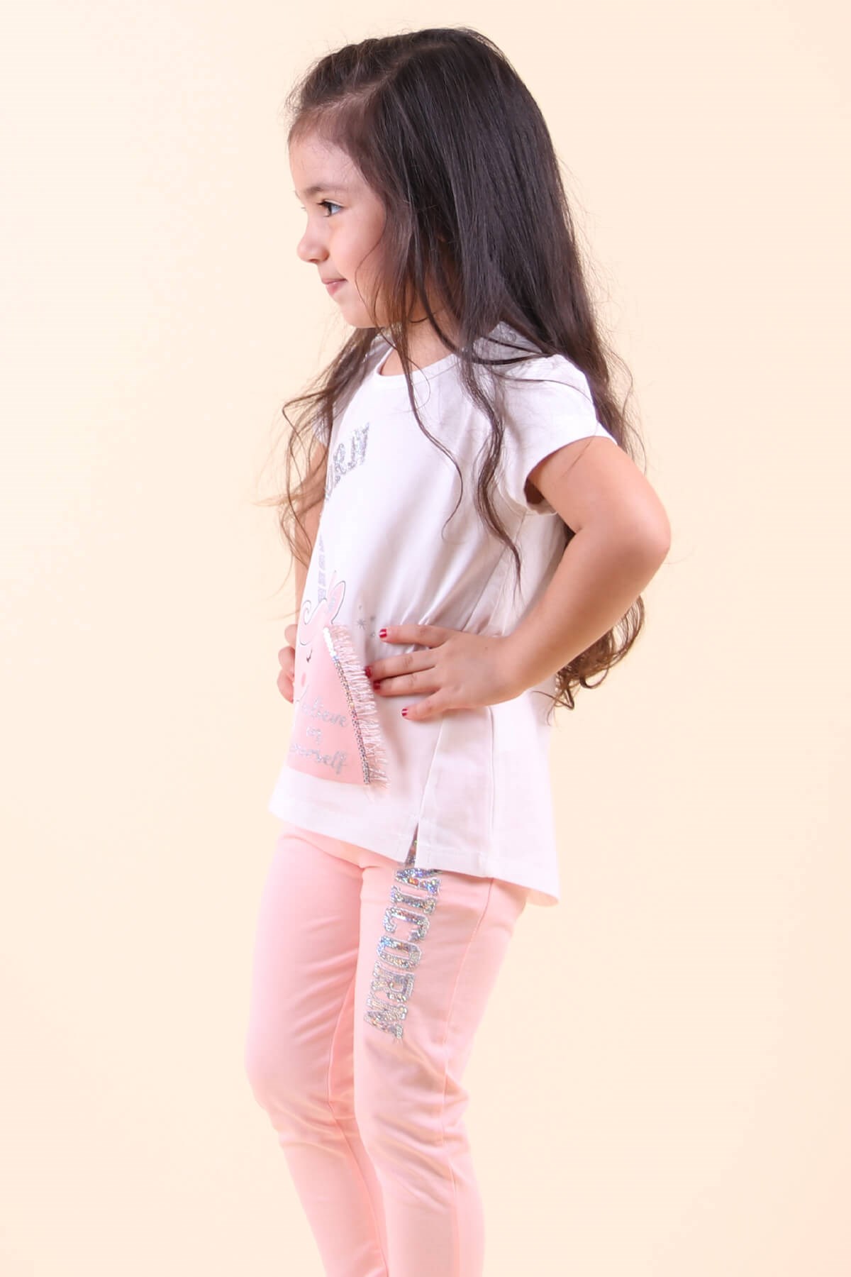 Breeze Kız Çocuk Taytlı Takım Unicornu Püsküllü Pullu  Ekru (2-6 Yaş)