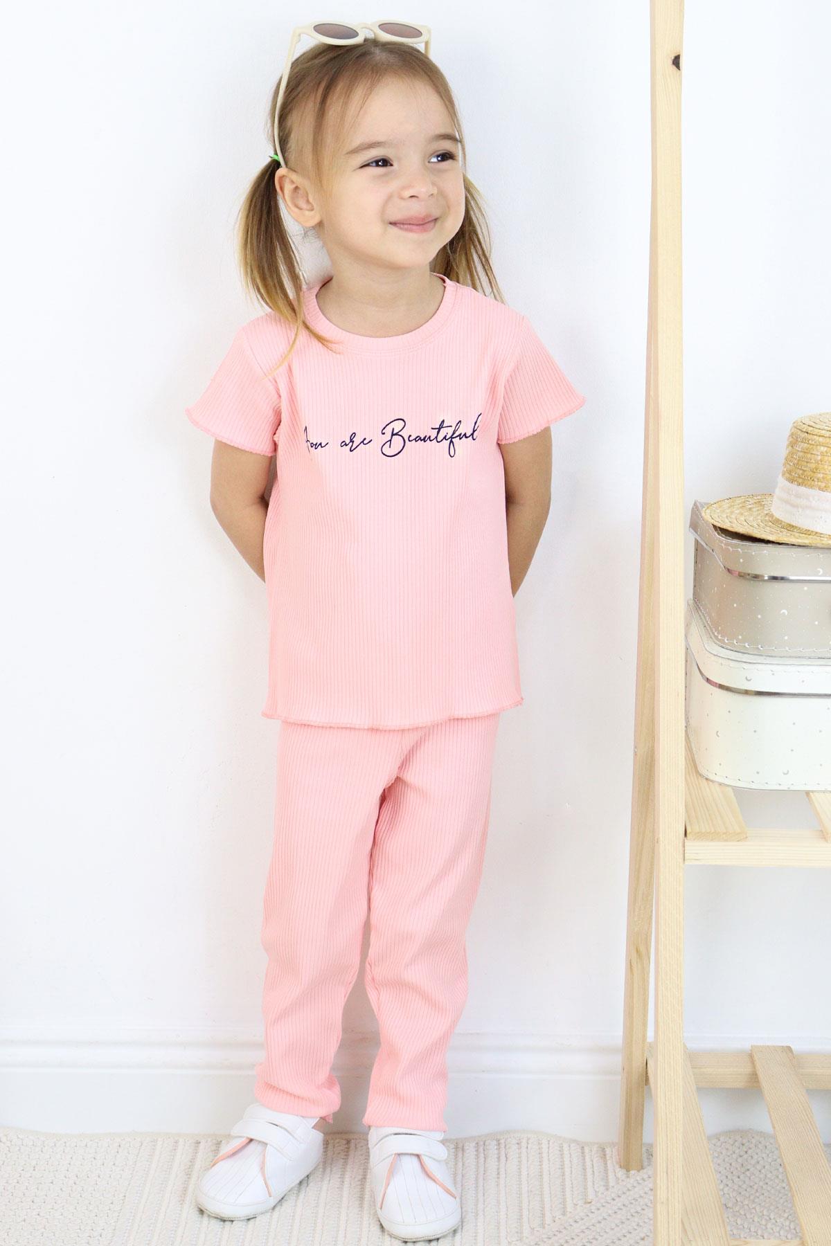 Breeze Kız Çocuk Taytlı Takım Yazı Baskılı Pembe (1.5-5 Yaş)