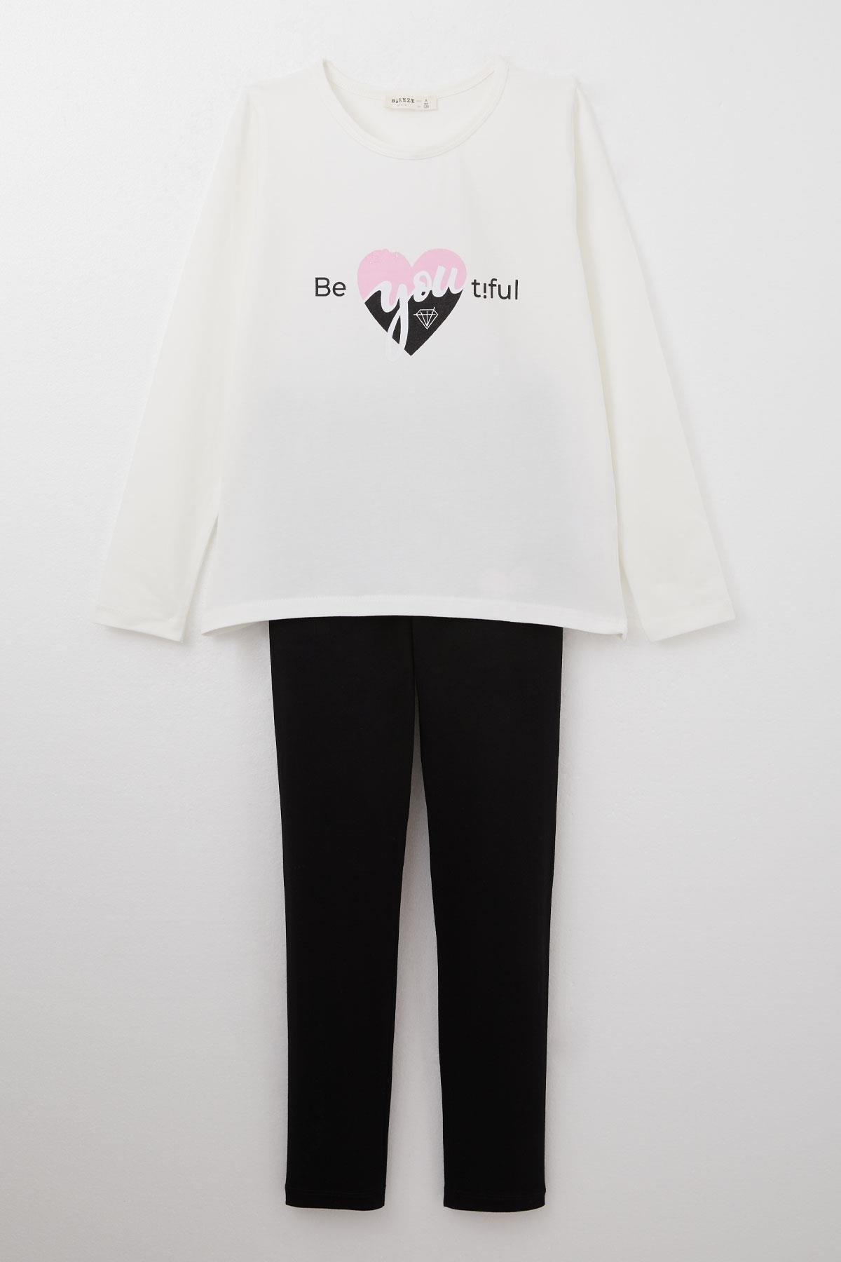 Breeze Kız Çocuk Taytlı Takım Yazı Baskılı Ekru (4-8 Yaş)