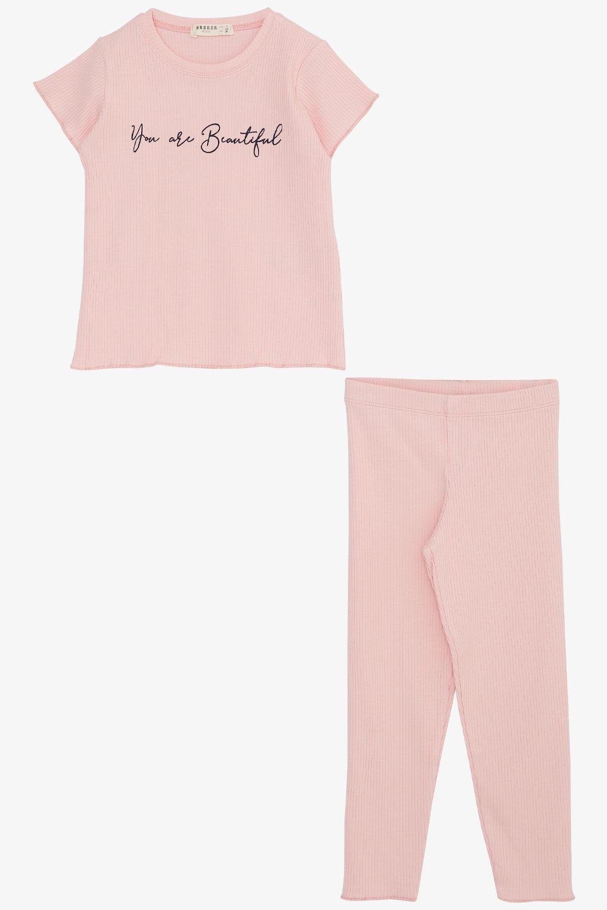 Breeze Kız Çocuk Taytlı Takım Yazı Baskılı Pembe (1.5-5 Yaş)