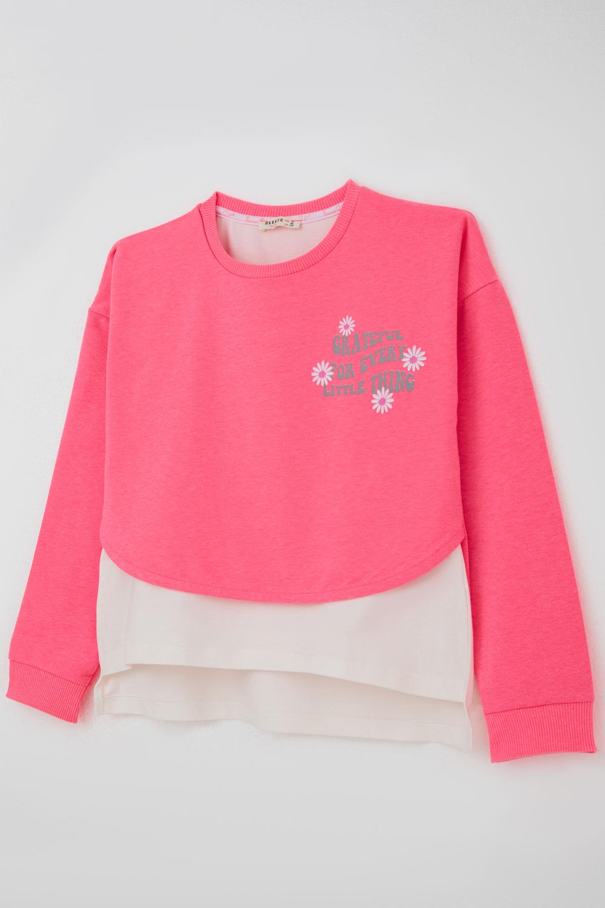 Breeze Kız Çocuk Taytlı Takım Yazı Çiçek Baskılı Neon Pembe (8-12 Yaş)