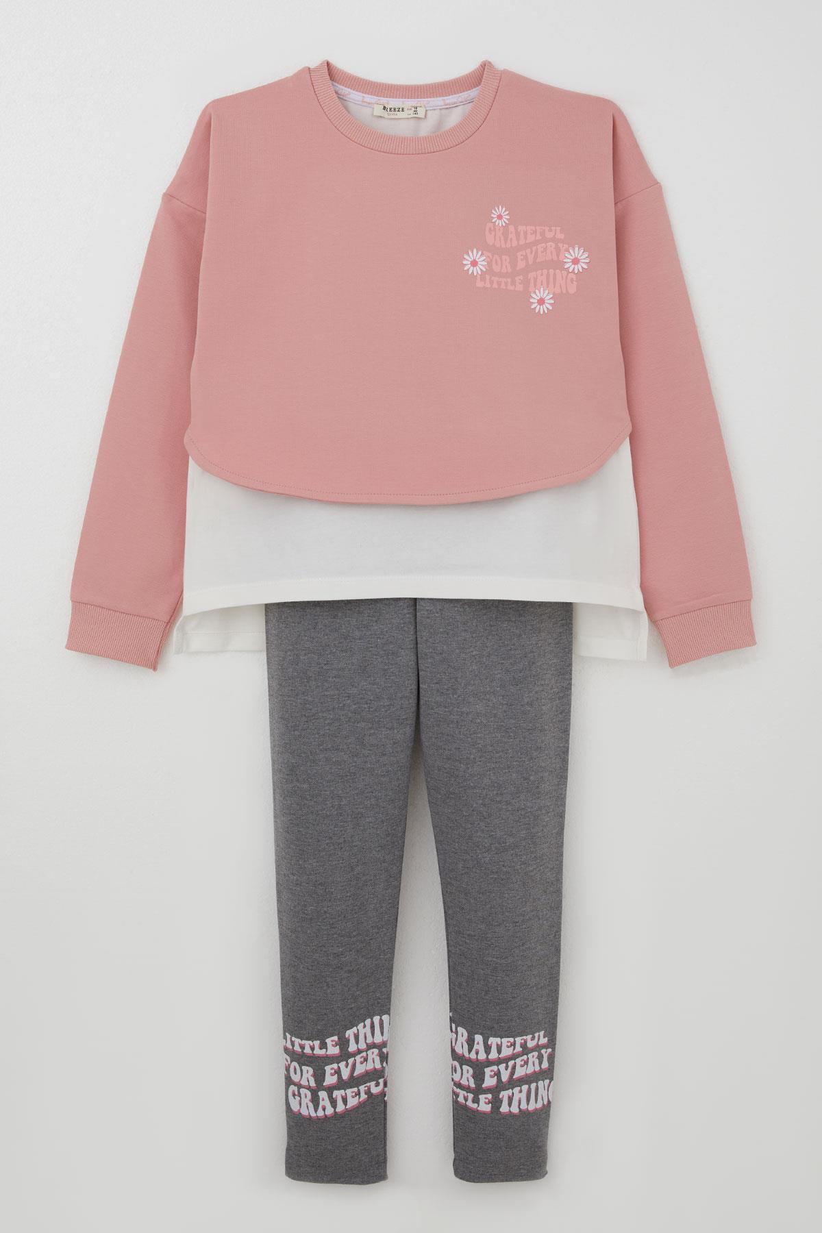 Breeze Kız Çocuk Taytlı Takım Yazı Çiçek Baskılı Gülkurusu (9-12 Yaş)