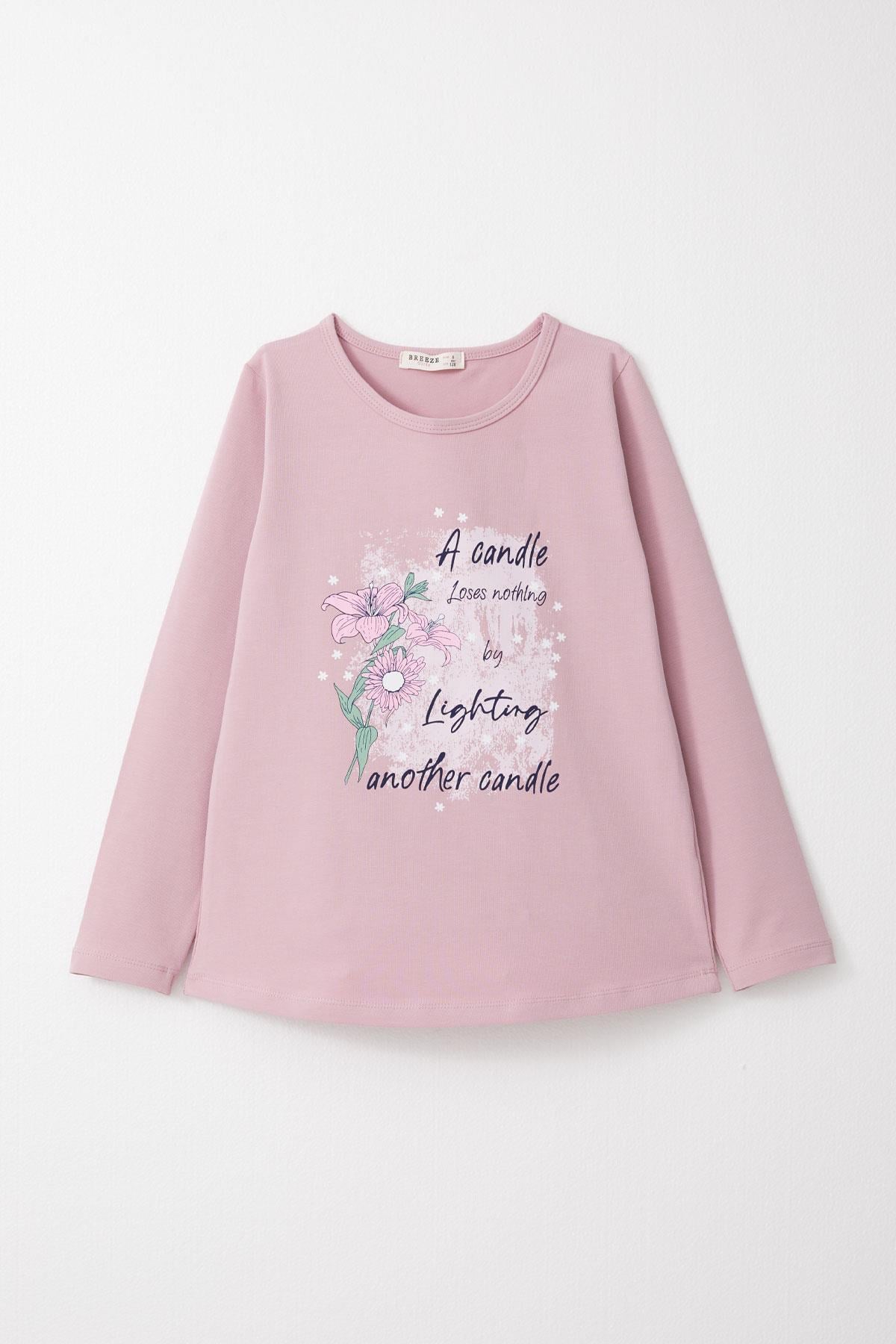Breeze Kız Çocuk Taytlı Takım Yazı & Çiçek Baskılı Lila (6-10 Yaş)