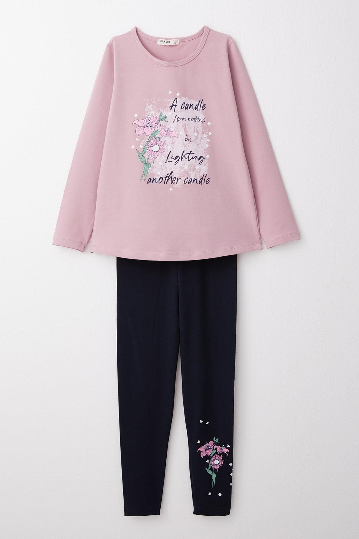 Breeze Kız Çocuk Taytlı Takım Yazı & Çiçek Baskılı Lila (6-10 Yaş)