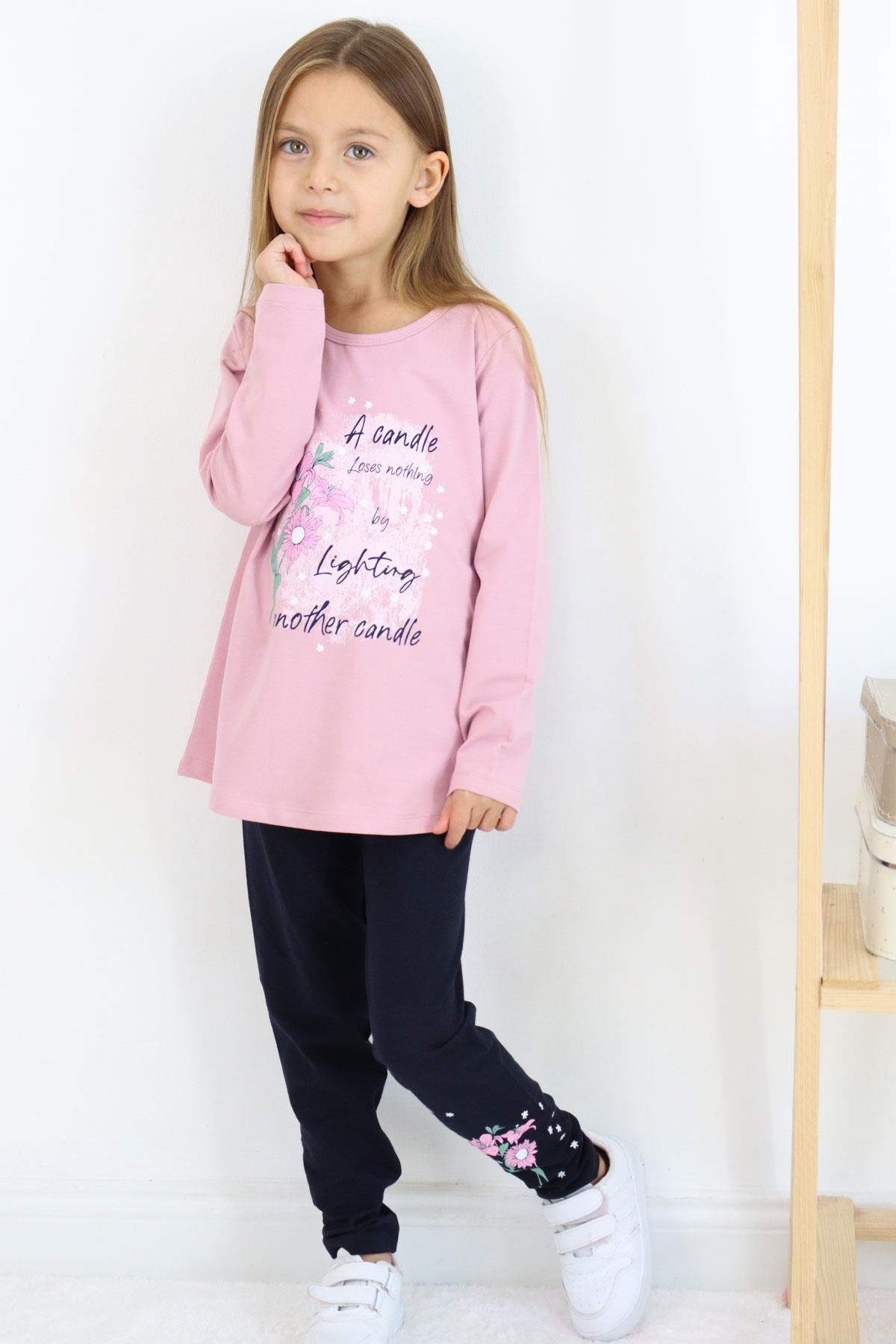 Breeze Kız Çocuk Taytlı Takım Yazı & Çiçek Baskılı Lila (6-10 Yaş)