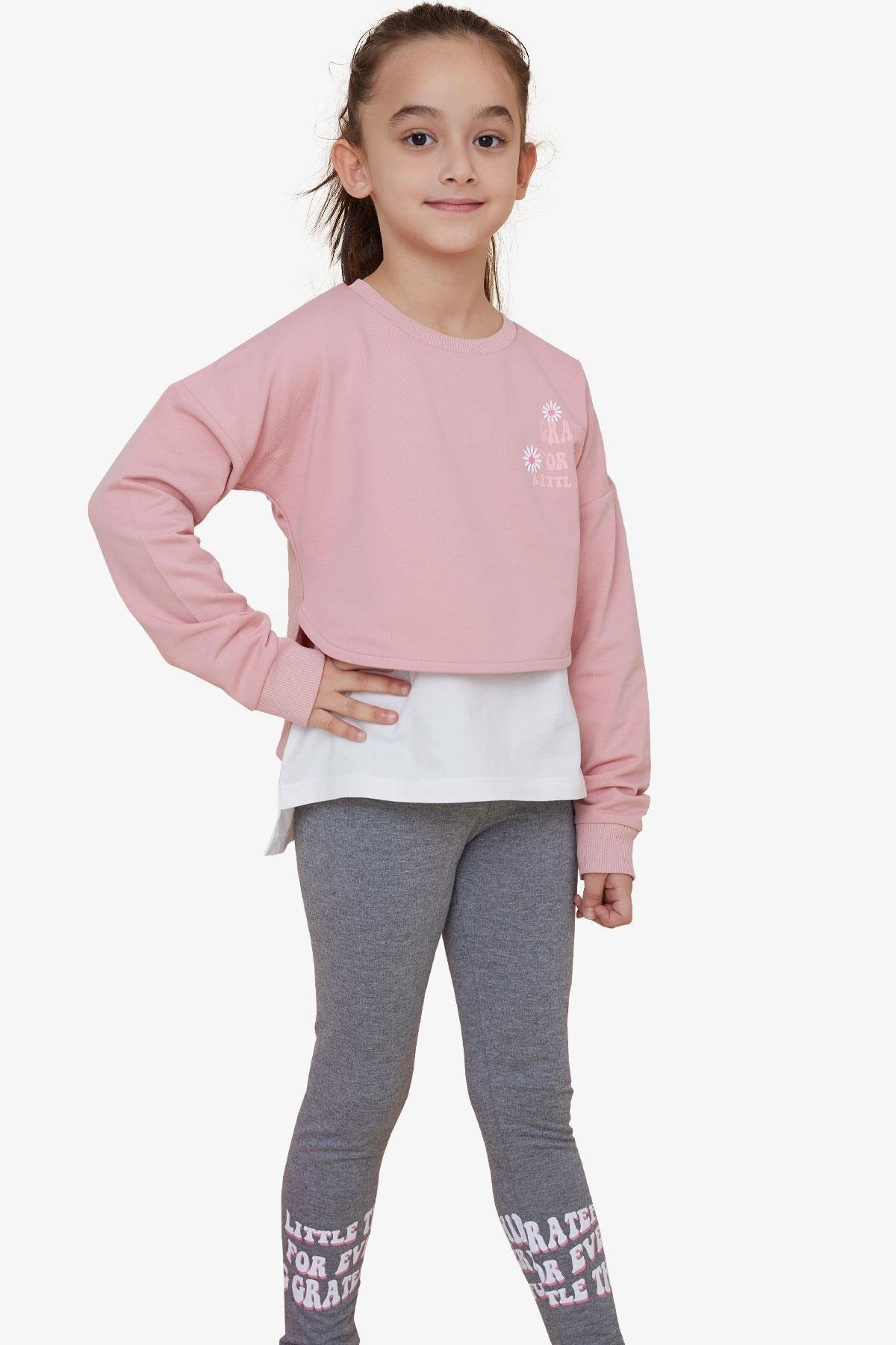 Breeze Kız Çocuk Taytlı Takım Yazı Çiçek Baskılı Gülkurusu (9-12 Yaş)