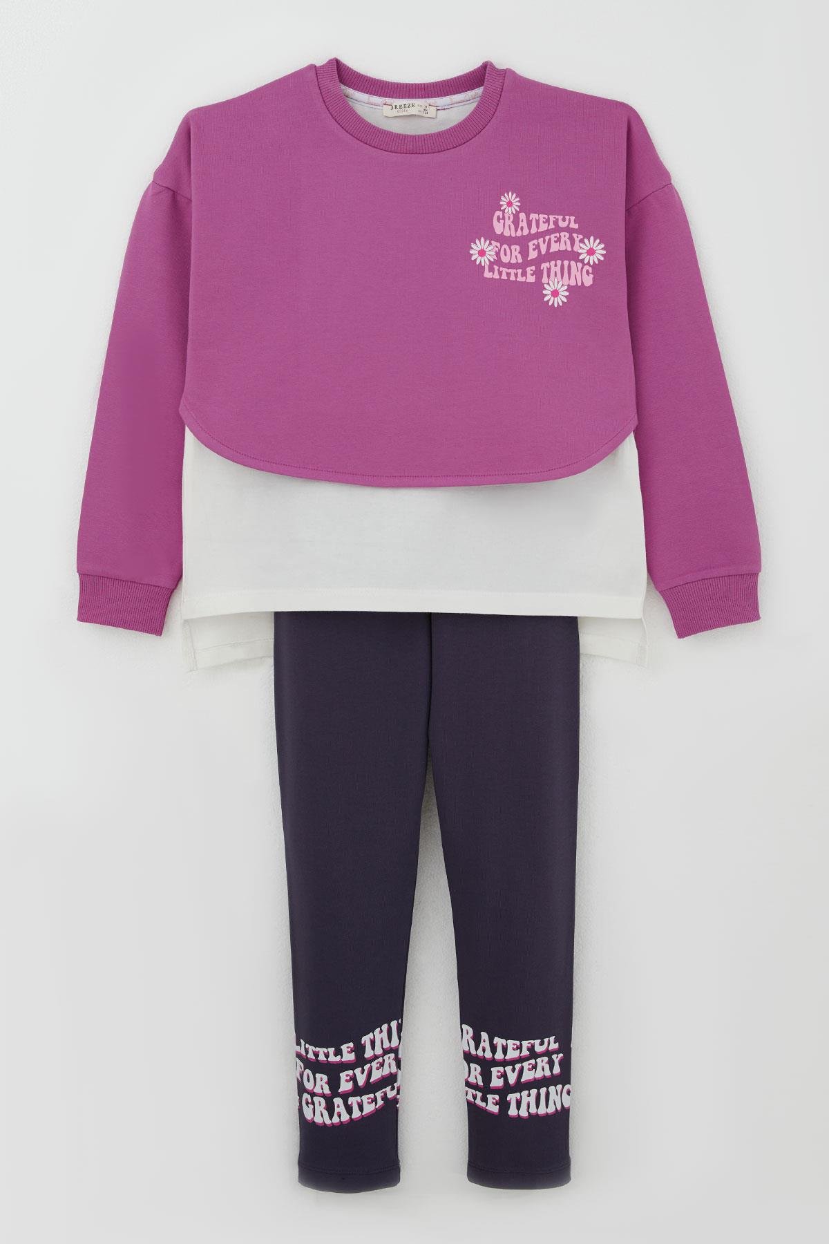 Breeze Kız Çocuk Taytlı Takım Yazı Çiçek Baskılı Eflatun (8-11 Yaş)