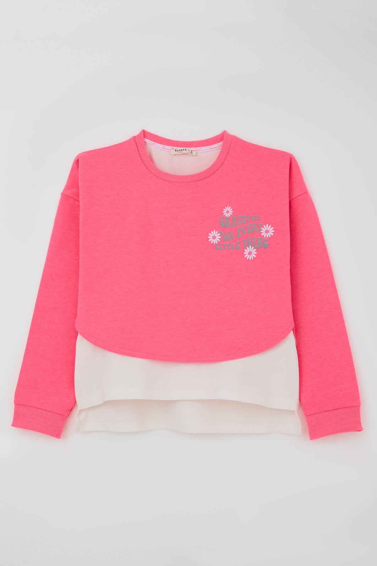 Breeze Kız Çocuk Taytlı Takım Yazı Çiçek Baskılı Neon Pembe (8-12 Yaş)