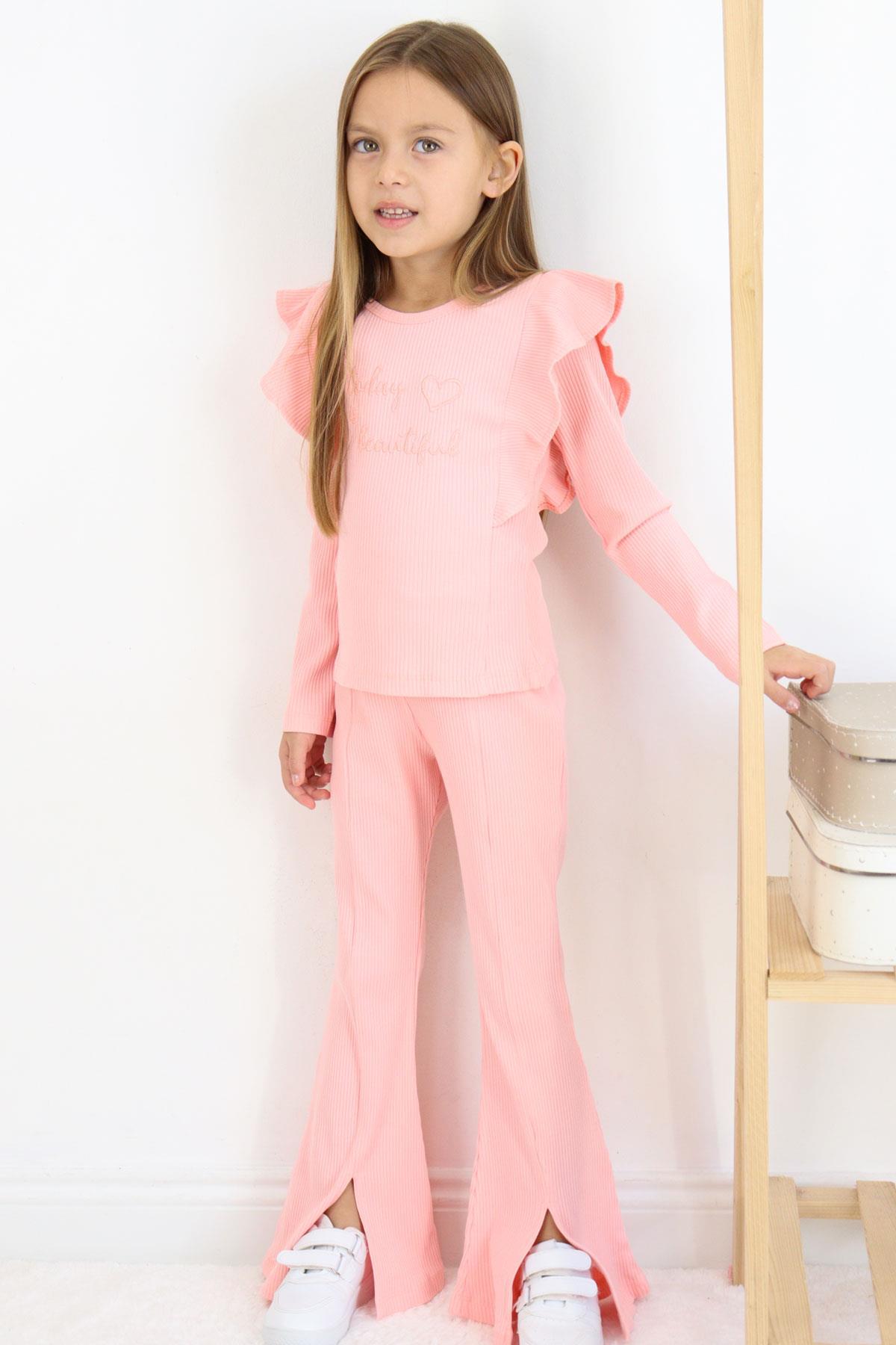 Breeze Kız Çocuk Taytlı Takım Yazı Nakışlı Paçası Yırtmaçlı Pembe (4-5 Yaş)