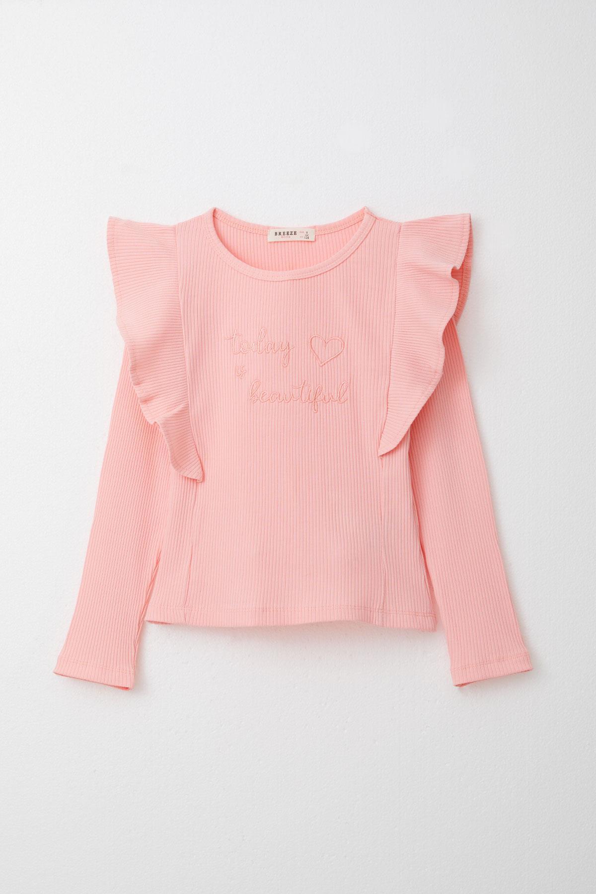 Breeze Kız Çocuk Taytlı Takım Yazı Nakışlı Paçası Yırtmaçlı Pembe (4-5 Yaş)