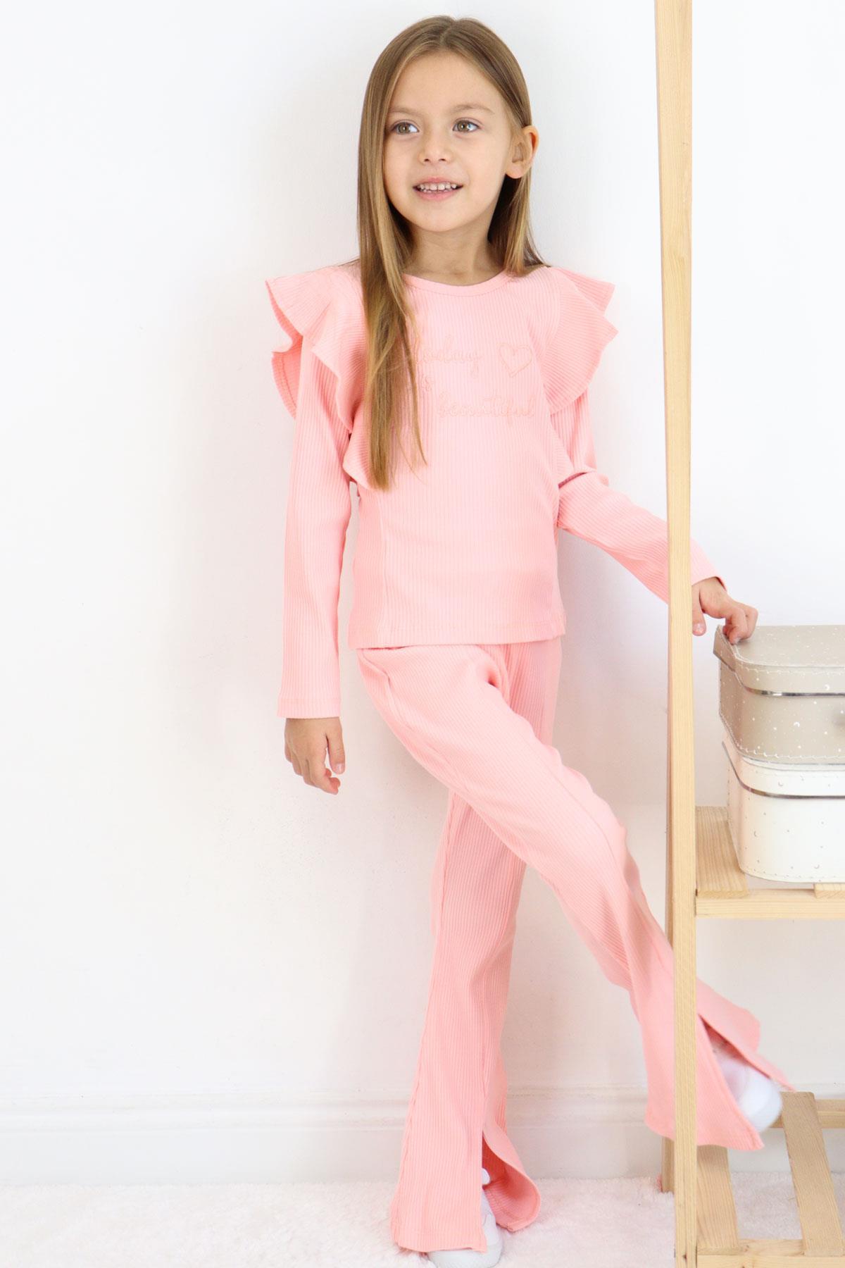 Breeze Kız Çocuk Taytlı Takım Yazı Nakışlı Paçası Yırtmaçlı Pembe (4-5 Yaş)