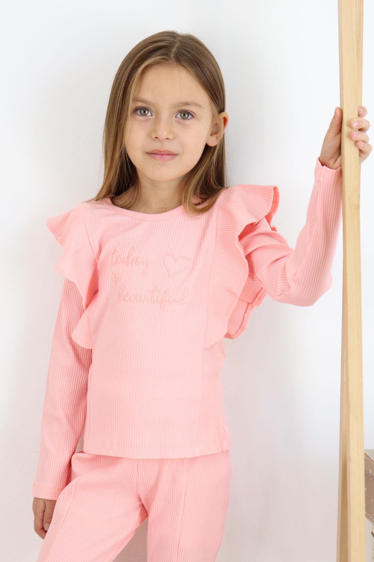 Breeze Kız Çocuk Taytlı Takım Yazı Nakışlı Paçası Yırtmaçlı Pembe (4-5 Yaş)