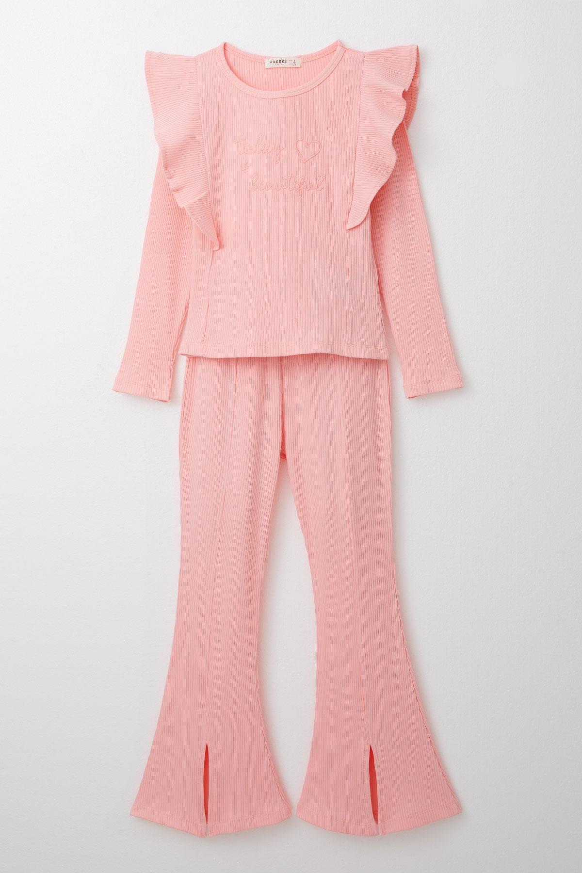 Breeze Kız Çocuk Taytlı Takım Yazı Nakışlı Paçası Yırtmaçlı Pembe (4-5 Yaş)