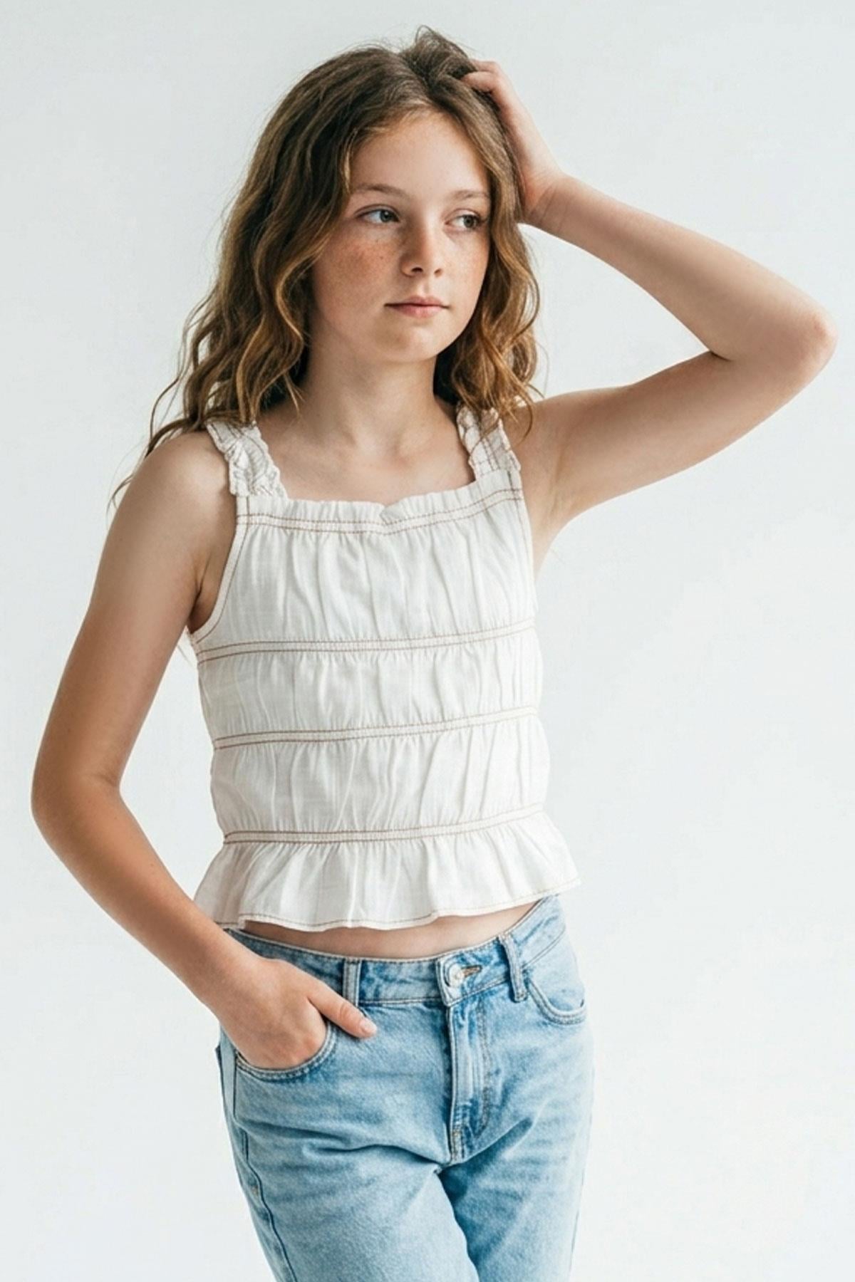 Breeze Kız Çocuk Tişört Askılı Lastik Detaylı Ekru (6-12 Yaş)