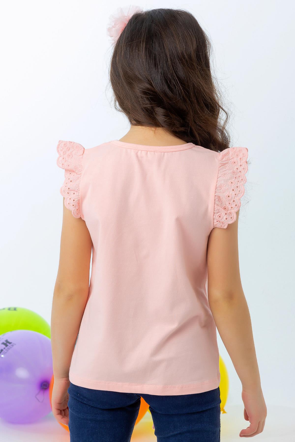 Breeze Kız Çocuk Tişört Baskılı Güpürlü Somon (9 Yaş)
