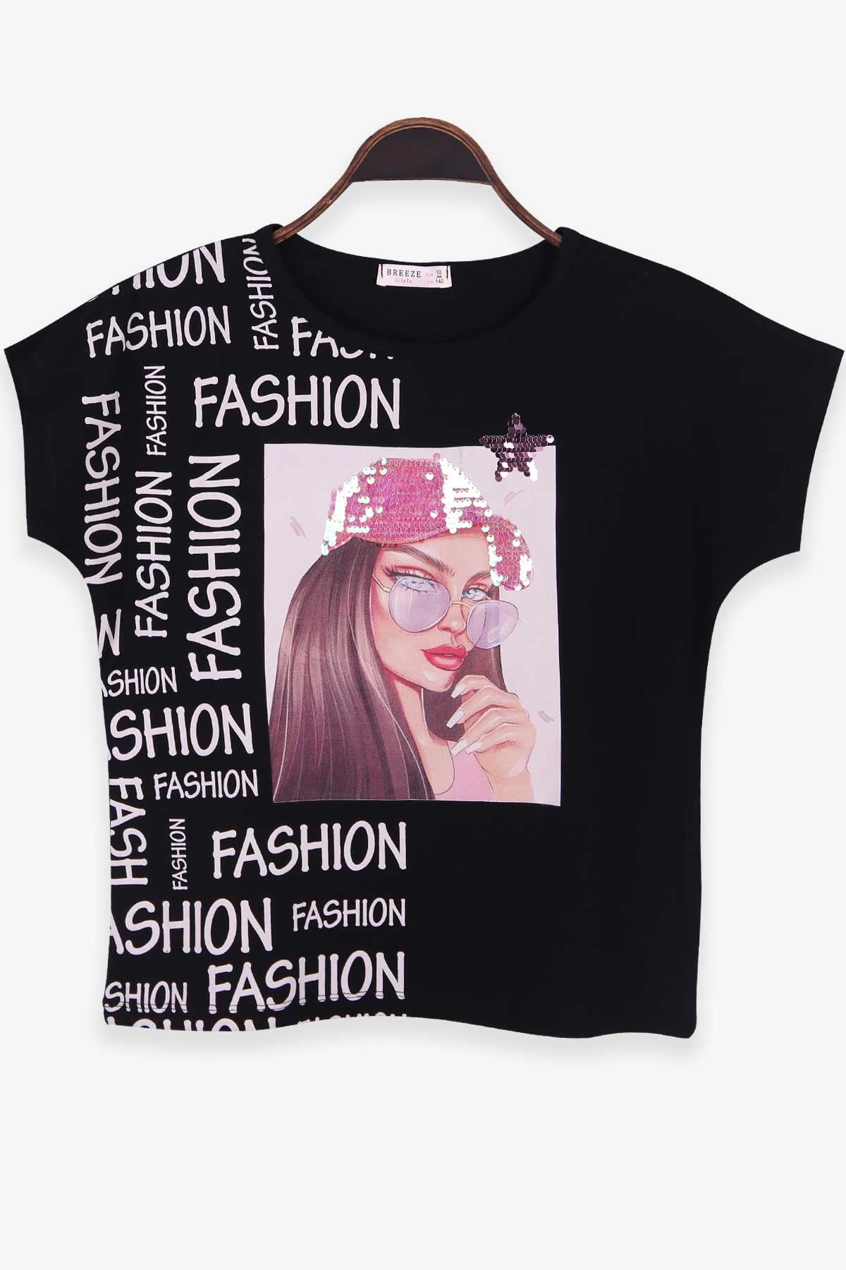 Breeze Kız Çocuk Tişört Baskılı Reglan Kol Siyah (10-16 Yaş)
