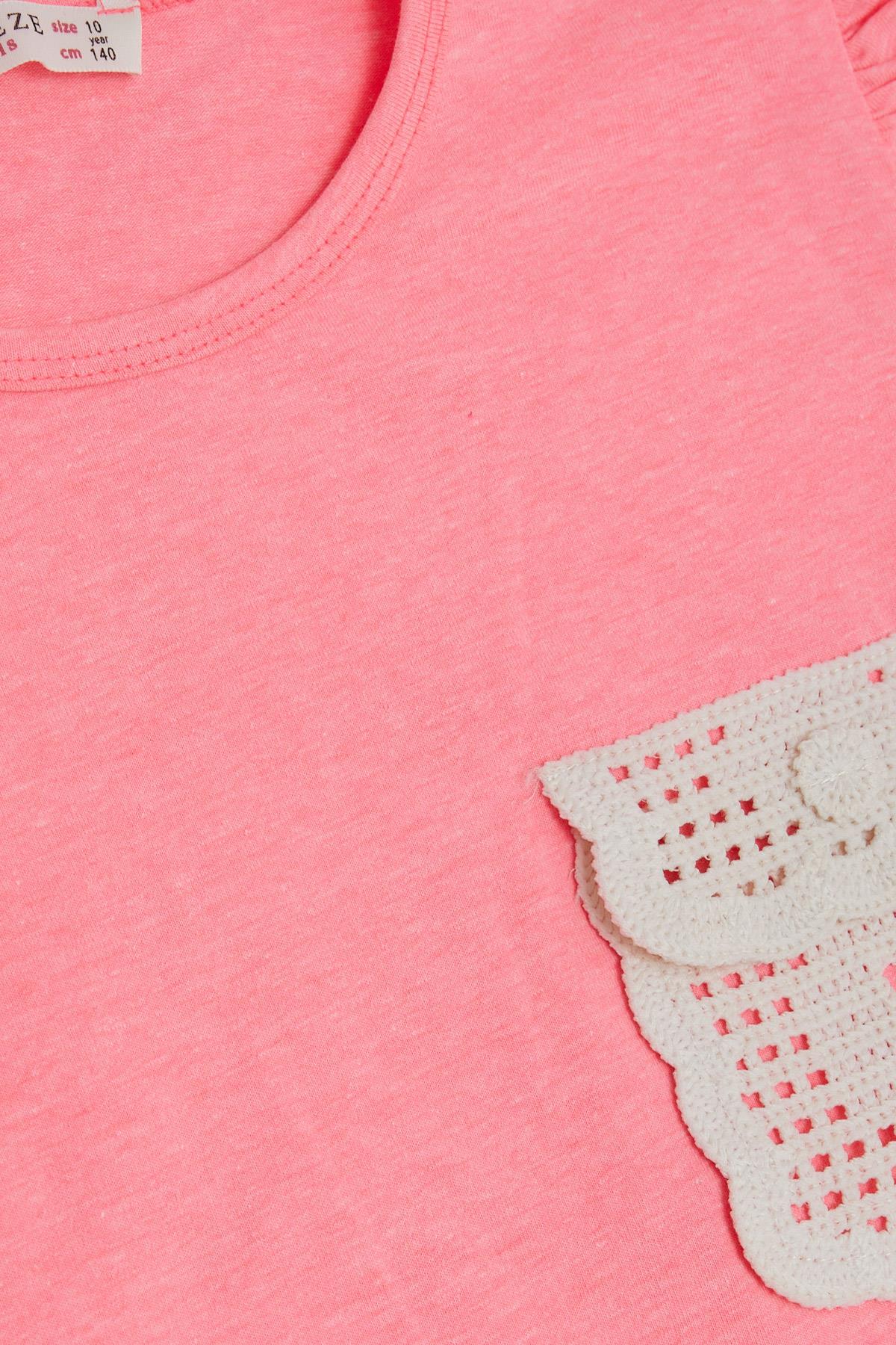 Breeze Kız Çocuk Tişört Cebi Örgü Detaylı Neon Pembe (6-12 Yaş)