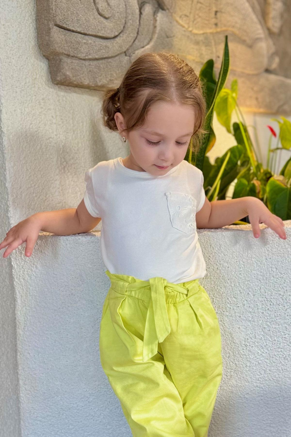 Breeze Kız Çocuk Tişört Cepli Güpürlü Ekru (3-7 Yaş)