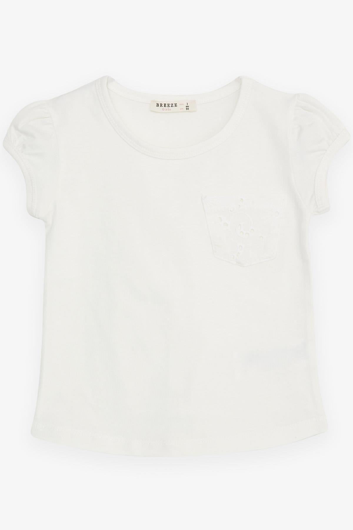 Breeze Kız Çocuk Tişört Cepli Güpürlü Ekru (3-7 Yaş)