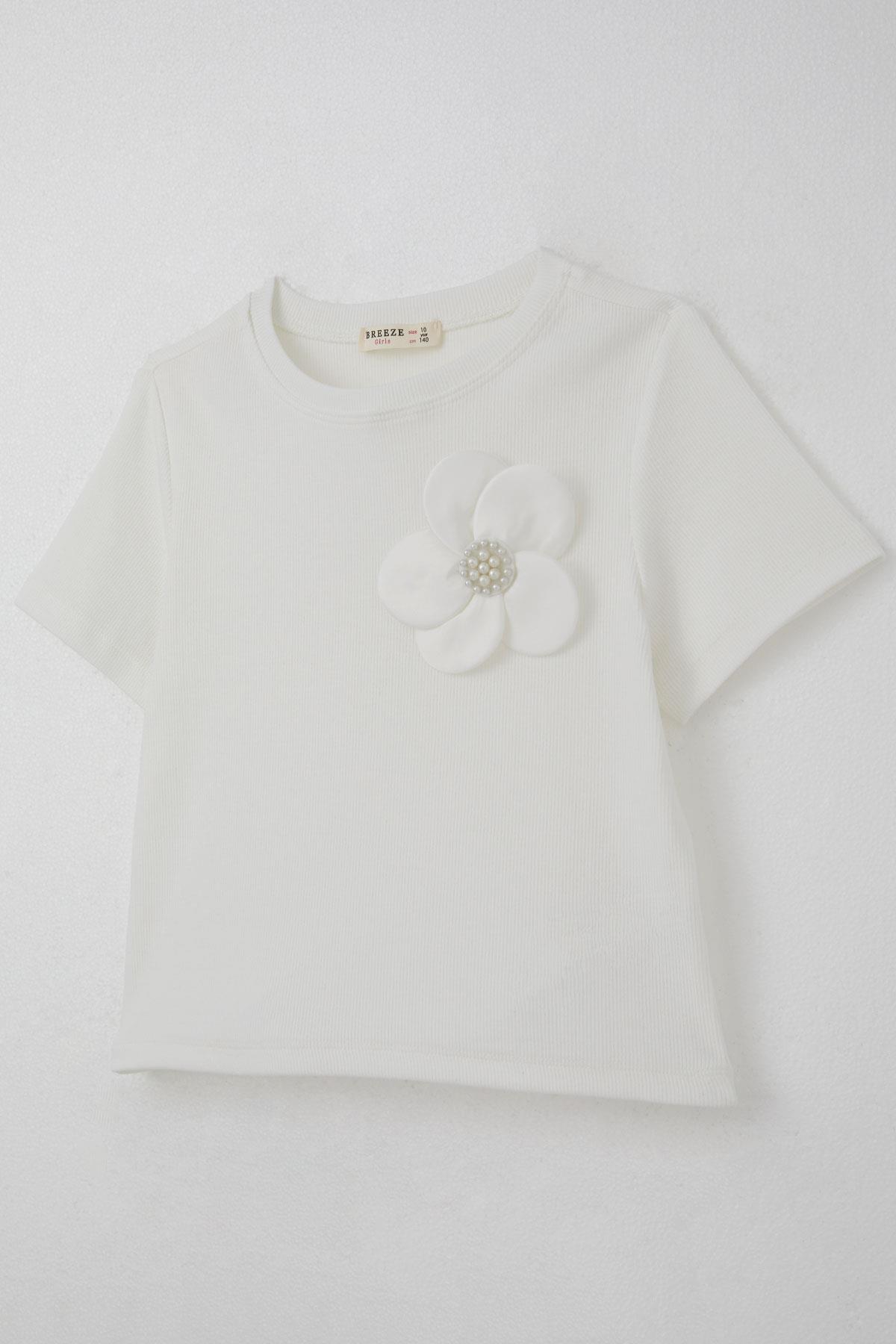 Breeze Kız Çocuk Tişört Çiçek Aksesuarlı İnci Detaylı Ekru (9-14 Yaş)