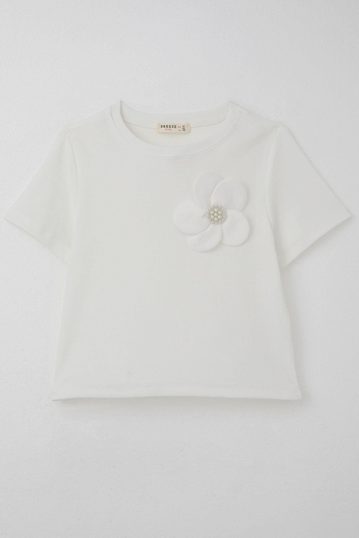 Breeze Kız Çocuk Tişört Çiçek Aksesuarlı İnci Detaylı Ekru (9-14 Yaş)