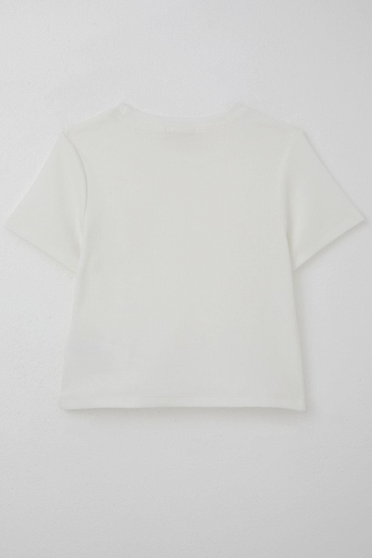 Breeze Kız Çocuk Tişört Çiçek Aksesuarlı İnci Detaylı Ekru (9-14 Yaş)